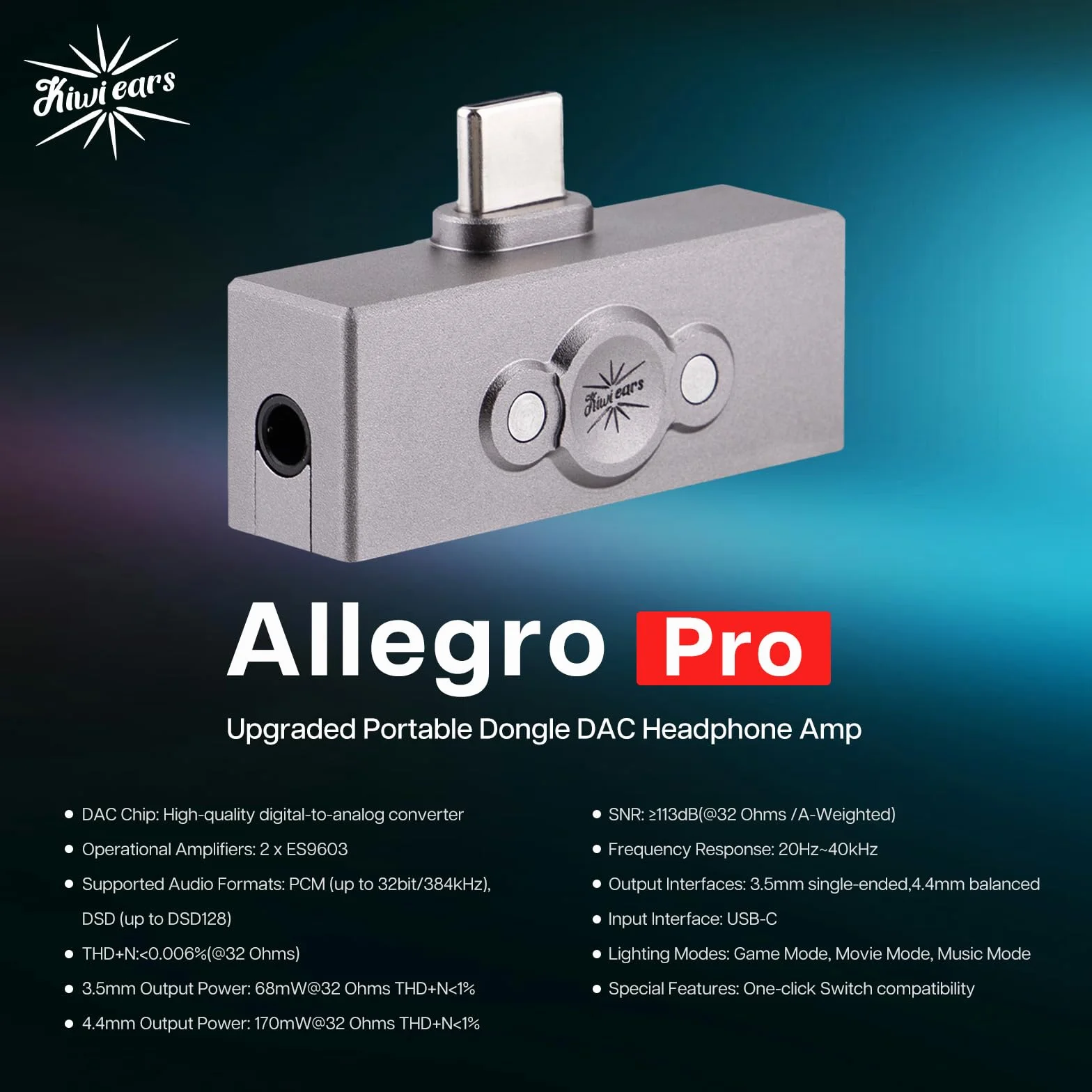 Linsoul Kiwi Ears Allegro Pro DAC/AMP Ulepszony zestaw słuchawkowy IEM, wyjście USB C do 3.5/4.4 mm Obsługa PCM do 32bit/384kHz DSD128/DSD64, Podwójne wzmacniacze ES9603 dla smartfonów/komputerów