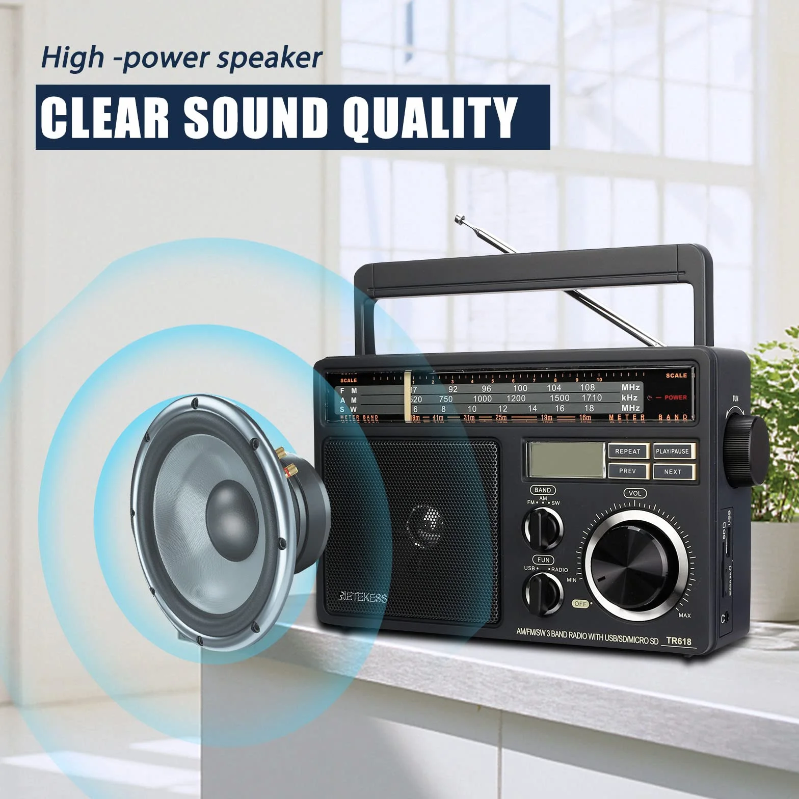 Retekess TR618 Przenośne Radio FM AM SW Analogowe Krótkofalowe USB SD/TF Gniazdo Słuchawkowe Zasilanie Sieciowe Akumulator Ciemnoszary