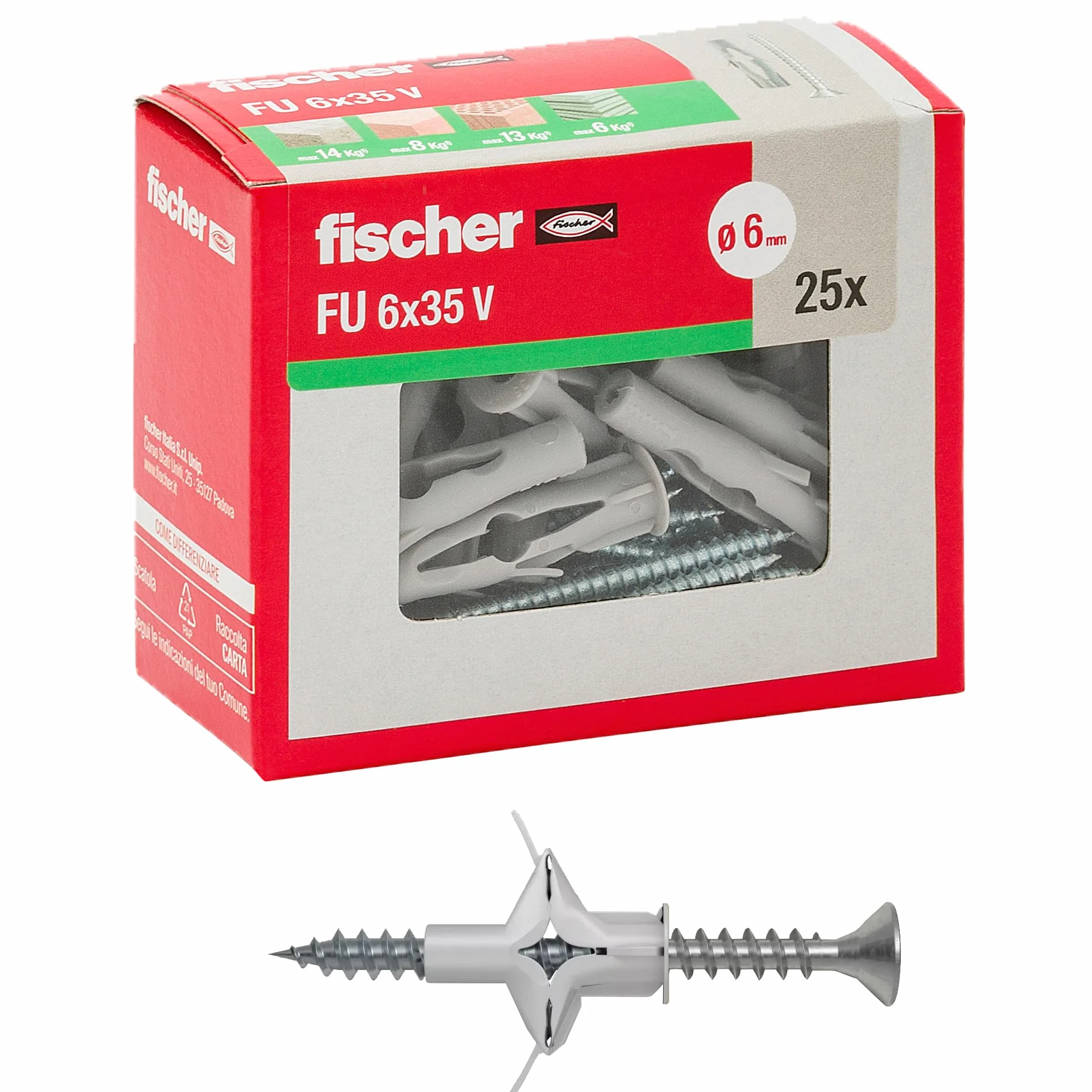 Fischer 25 x kołek motylkowy FU ze śrubą, 6 x 35 mm, do płyt gipsowo-kartonowych, płyt kartonowo-gipsowych, płyt i murów