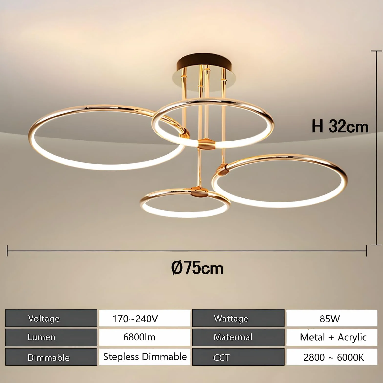 4 Okrągłe Pierścienie Złota Lampa Sufitowa Led, Ø75cm Żyrandol O Średnicy, 85W Bezstopniowo Przyciemniana, Kreatywna Metalowa Galwanizowana Lampa Wisząca, Nowoczesna Lampa Do Sypialni, Salonu Biura