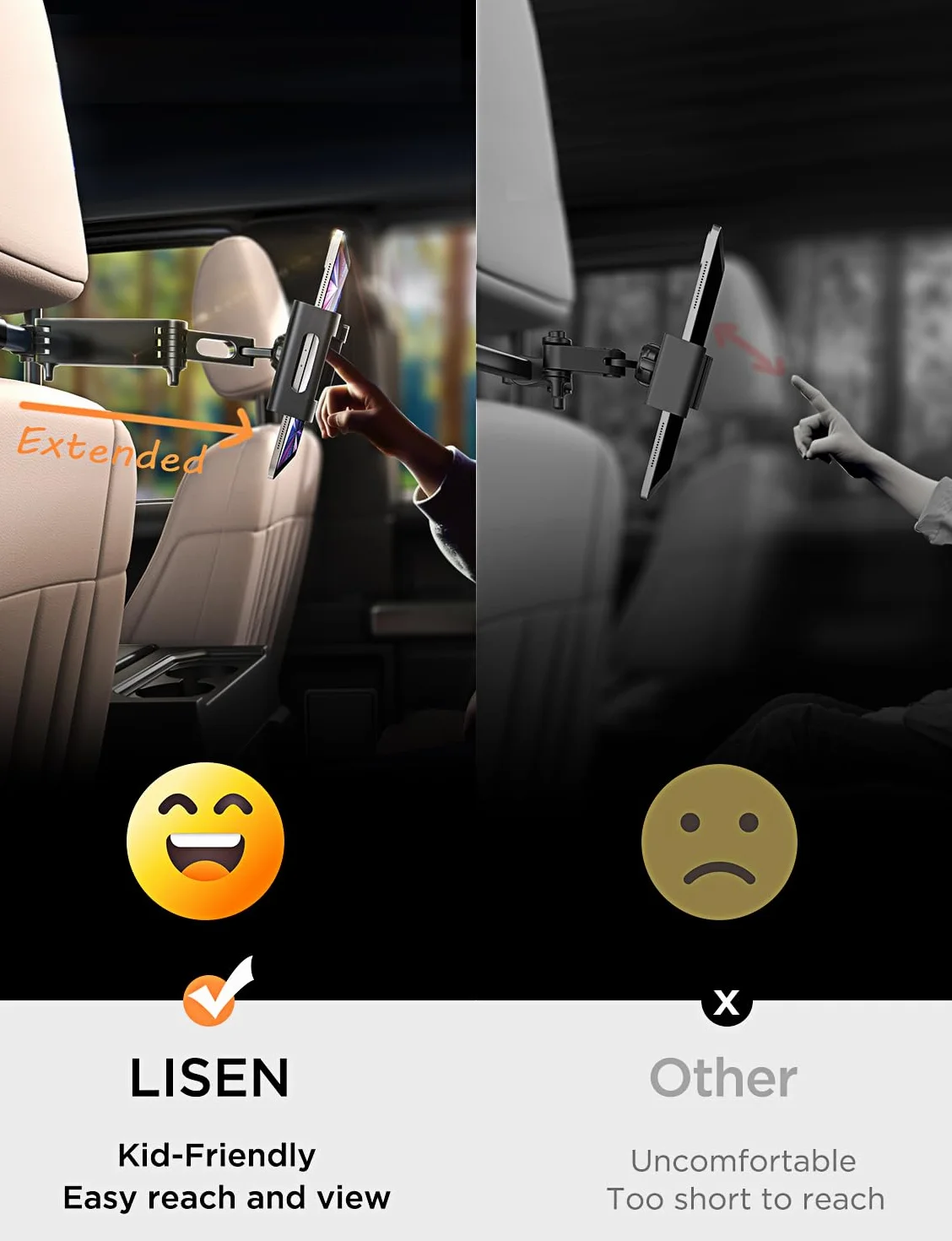 LISEN Uchwyt samochodowy do iPada, tabletu, uniwersalny, wysuwany uchwyt na tablet, akcesoria samochodowe, dla kobiet i dzieci,i 4,7-11"