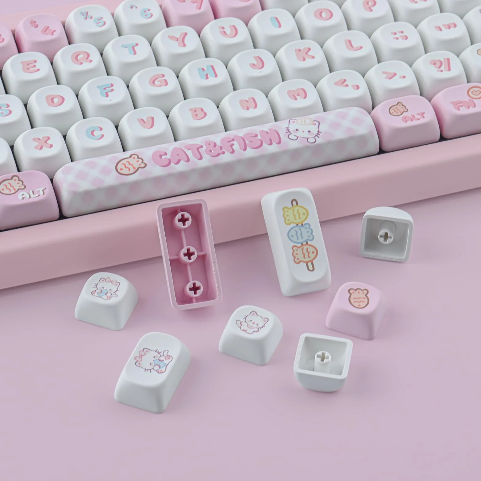 PBT Cute Kitty-cat Keycaps Set 140 Keys Dye-Sublimation MOA Profile for Cherry Gateron MX Switches Mechanical Keyboards