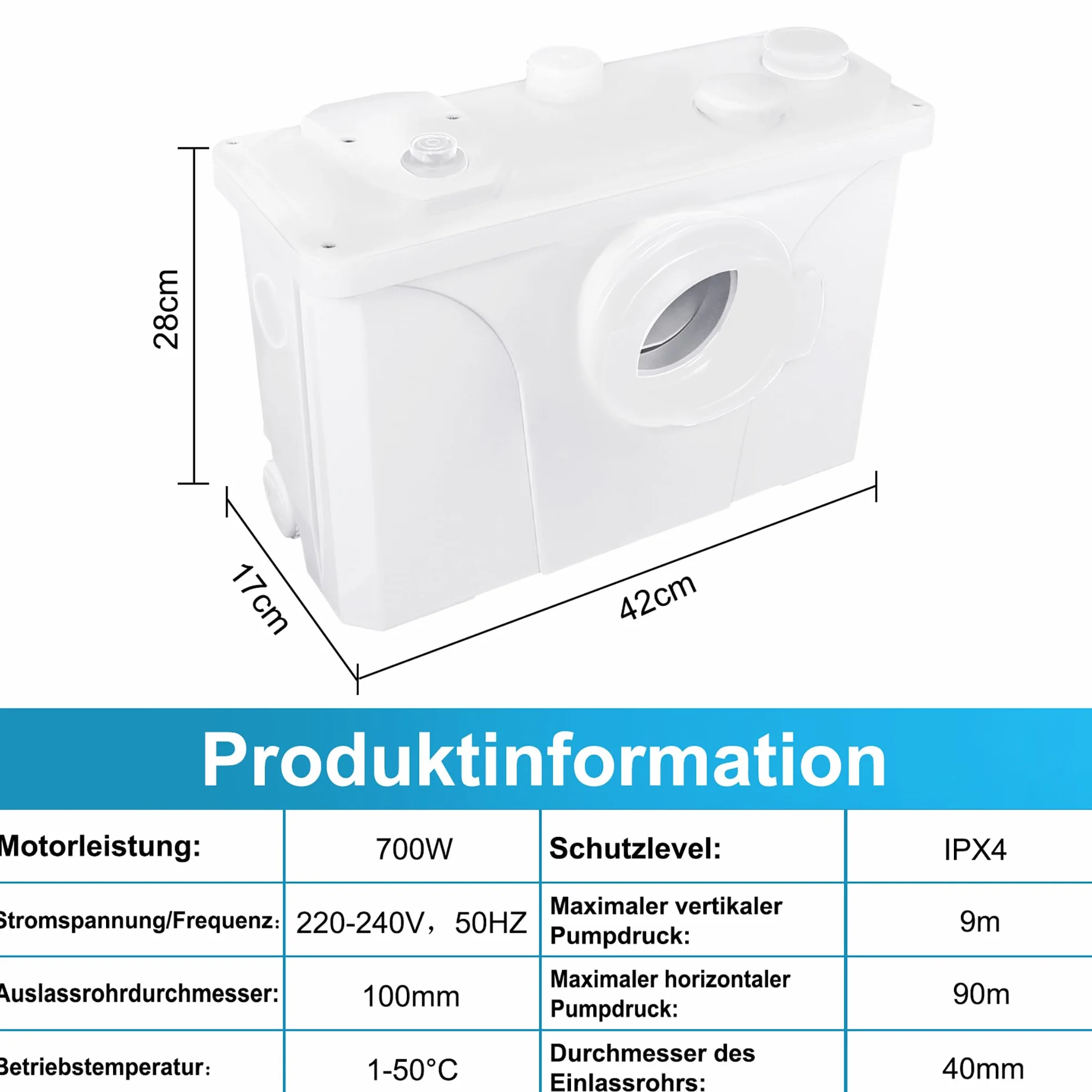 Froadp Pompy do Ścieków Sanitarnych 700W Przydomowa Stacja Podnoszenia Pompa do Ścieków z łopatkami ze Stali Nierdzewnej i Węglem Aktywnym Przepływ do 180L/min do Prysznica Kuchnia Umywalka