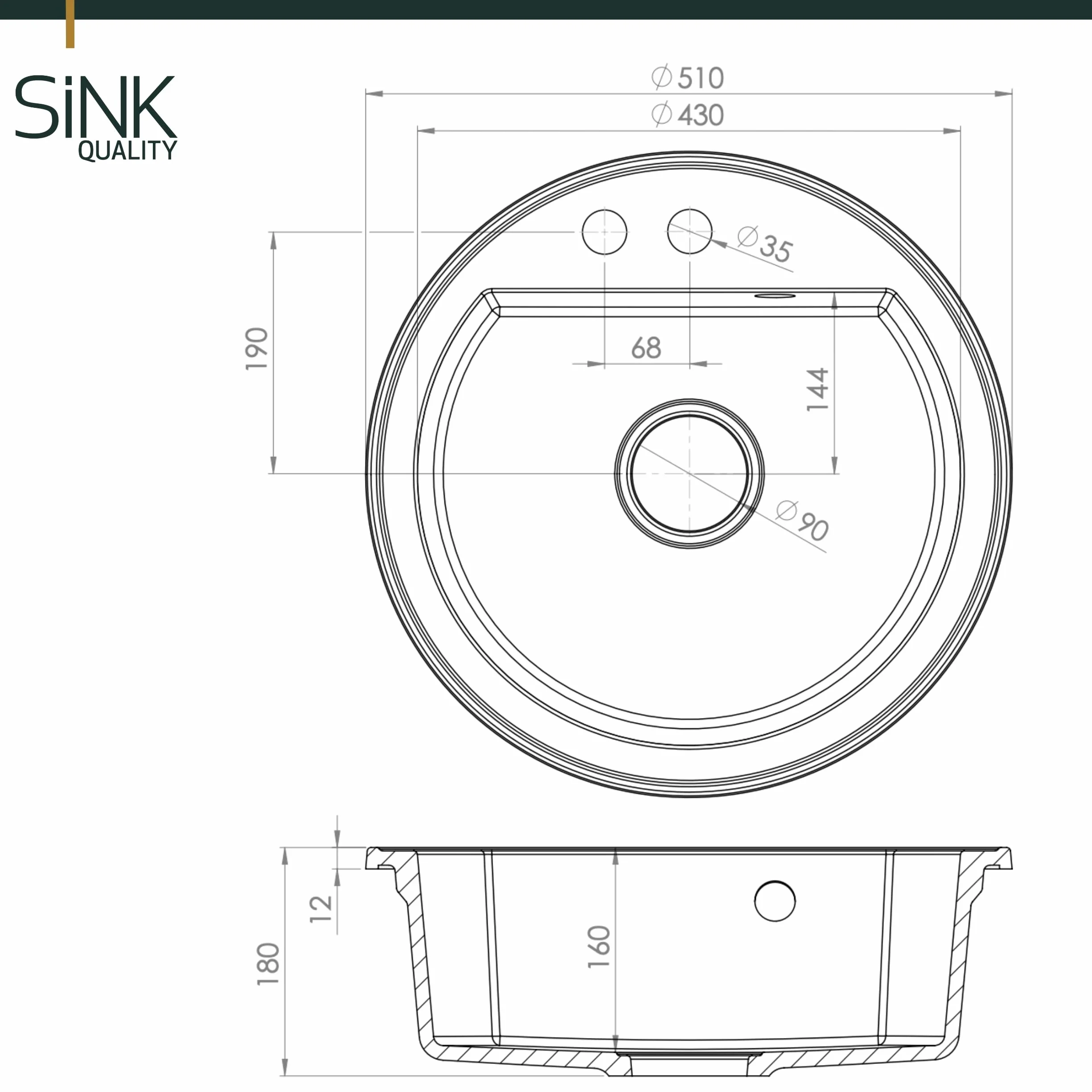 SINK Quality zlewozmywak okrągły, beżowy, Ø 51 cm, syfon z przyciskiem i impregnacją, w zestawie - zlewozmywak kuchenny okrągły z granitu - zlewozmywak granitowy do szafek od 55 cm szerokości