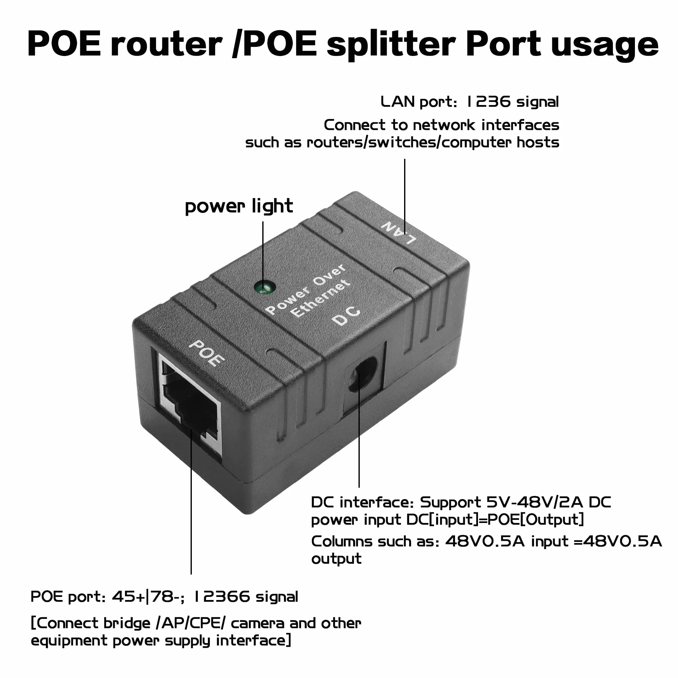 POE Injector Power Over Ethernet 12V 24V 48V 100M 100Mbps