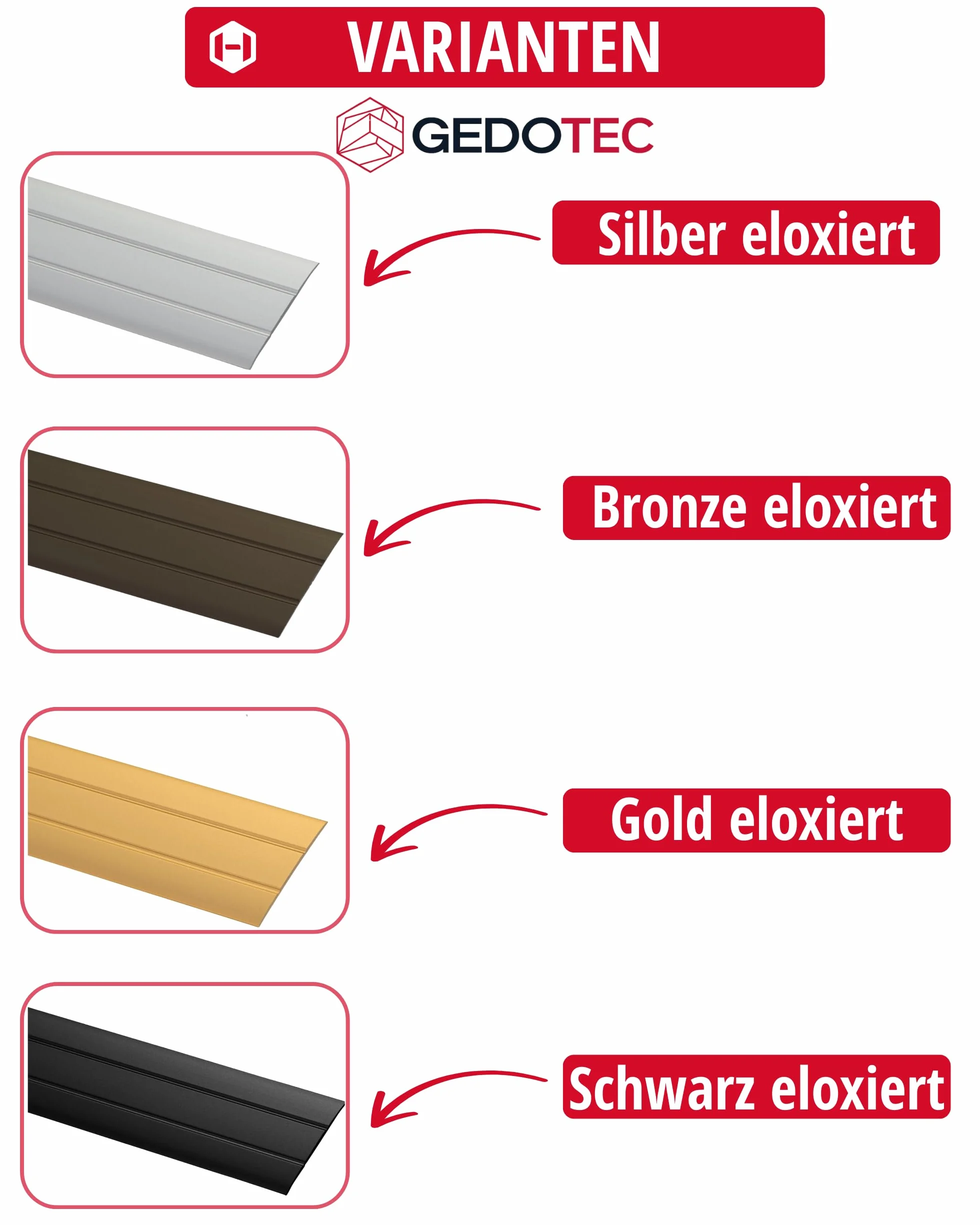 Gedotec Profil przejściowy, samoprzylepny, srebrny, 1000 mm, aluminium, długość 1 m, szerokość 37 mm, wyprodukowano w Niemczech, szyna przejściowa anodowanego aluminium, listwa przejściowa bez