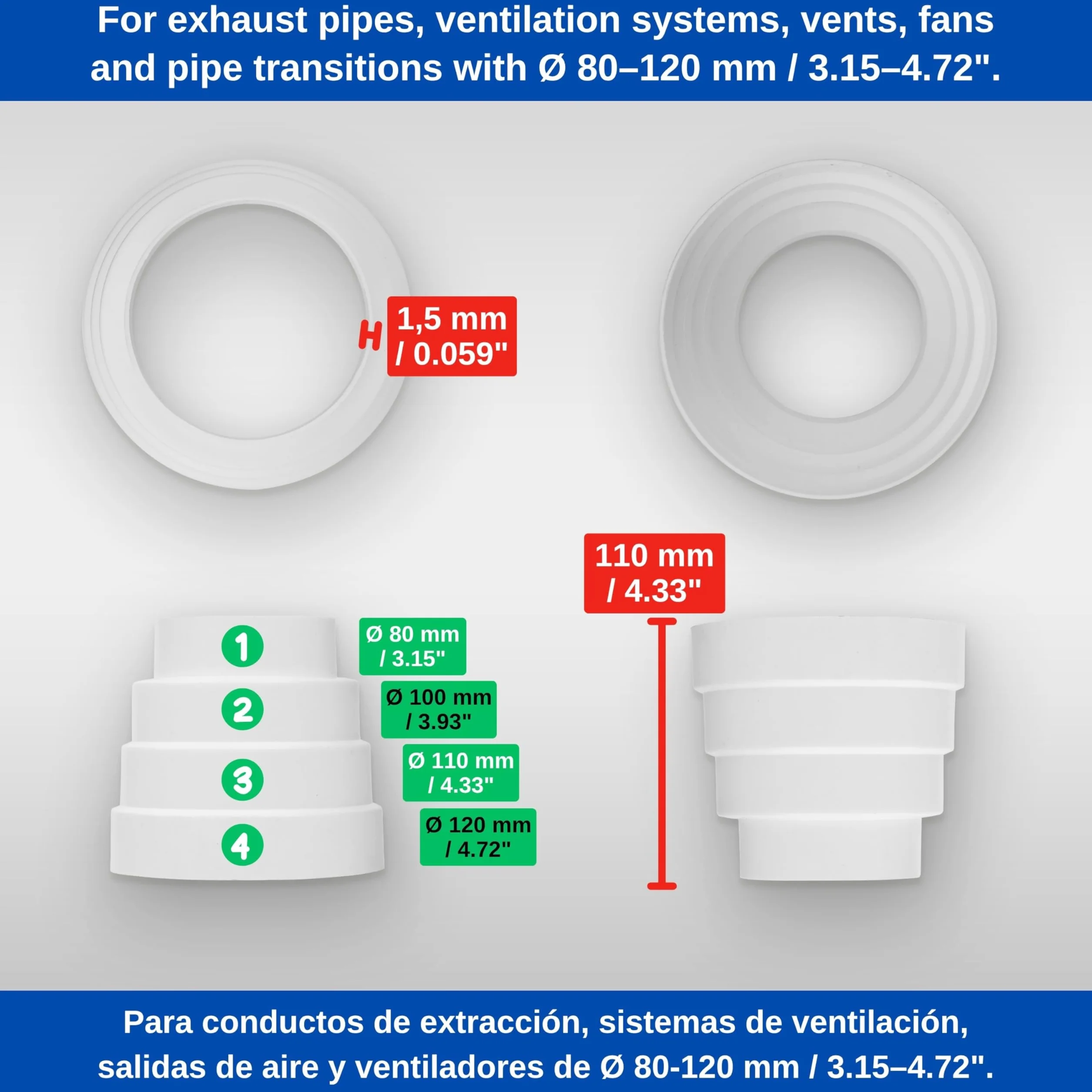 Wielostopniowe okrągłe złącze rurowe, 2 szt, dla Ø 80 mm, 100 mm, 110 mm, 120 mm, w kolorze Białym, złącze redukcyjne do pomieszczeń mieszkalnych i komercyjnych, przejście rury wydechowej wentylacji