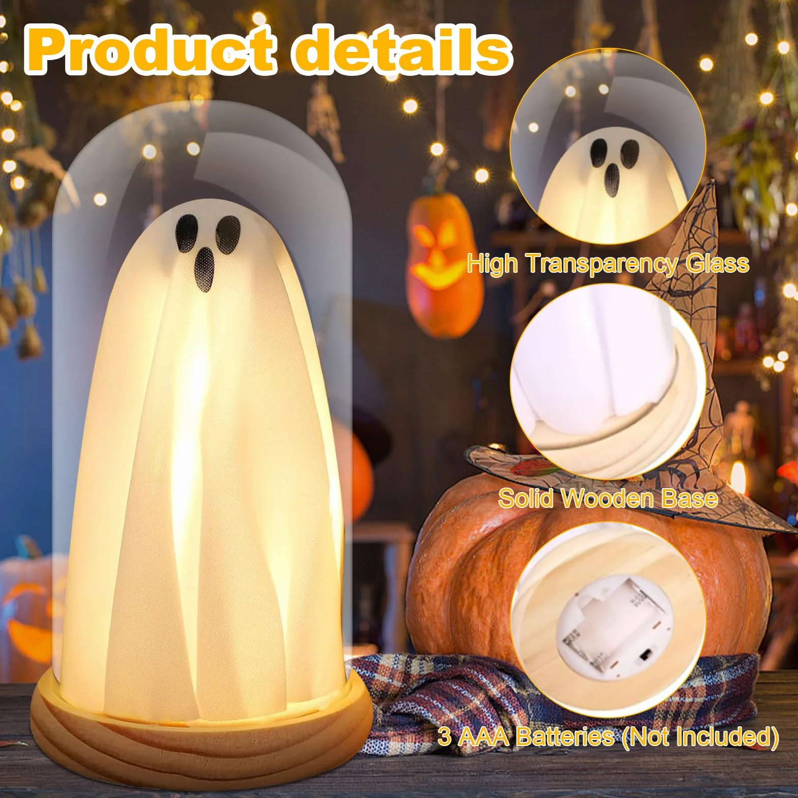 Joycabin Dekoracja na Halloween, świecący duch w szklanym dzwonku z drewnianą podstawą, lampka nocna na Halloween, dekoracja stołu, na imprezę