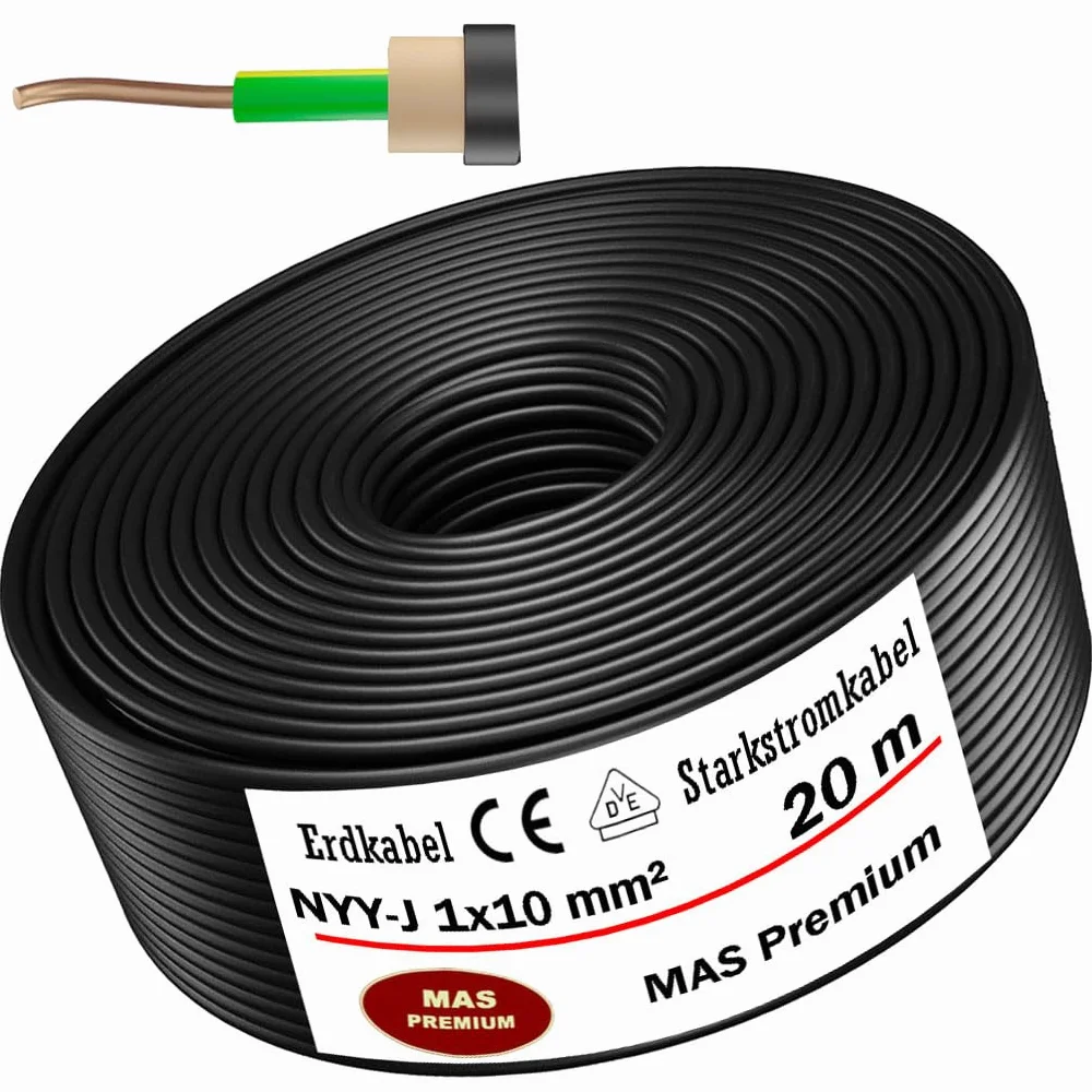 MAS Premium 5-100 m kabel ziemny NYY-J 1 x 4, 6, 10, 16 lub 25, kabel elektryczny OFC pierścień do układania na wolnym powietrzu, w ziemi (NYY-J 1 x 10 mm², 20 m)