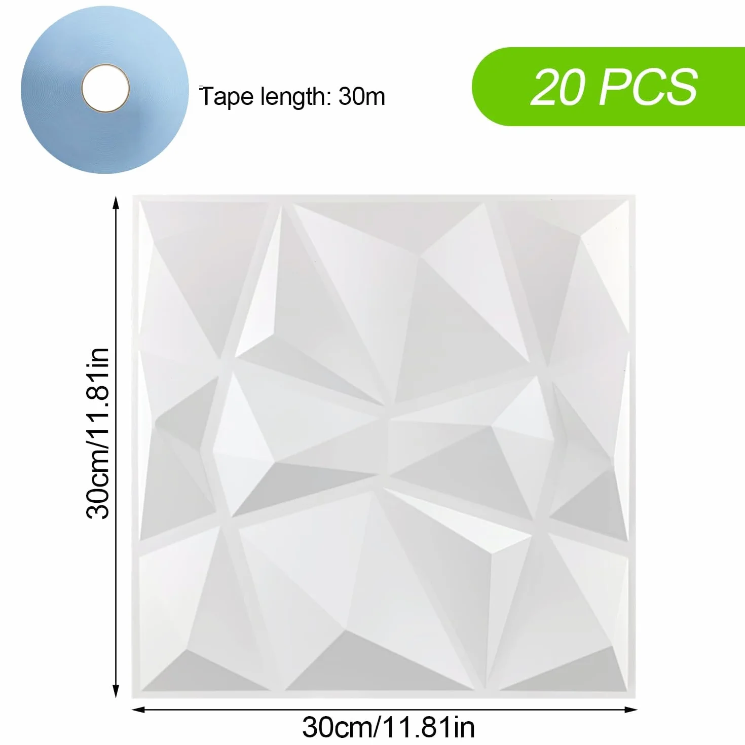 20 paneli ściennych 3D, 30 × 30 cm, do pokoju gier, sufit, efekt diamentu 3D, panele PVC do dekoracji wnętrz i na zewnątrz, matowa biel, nieodkształcalne, wodoodporne, odporne na ciepło, bezwonne