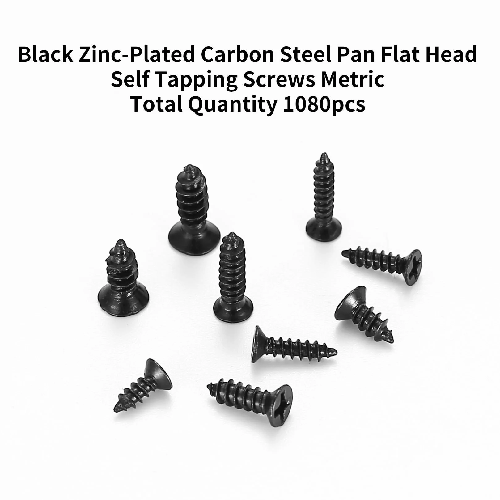 1080 sztuk małych wkrętów samogwintujących M2/M2.5/M3, 6 mm/8 mm/10 mm, z łbem płaskim, krzyżakowym, do blachy, zestaw do urządzeń biurowych, mebli drewnianych, czarne, 1080 szt