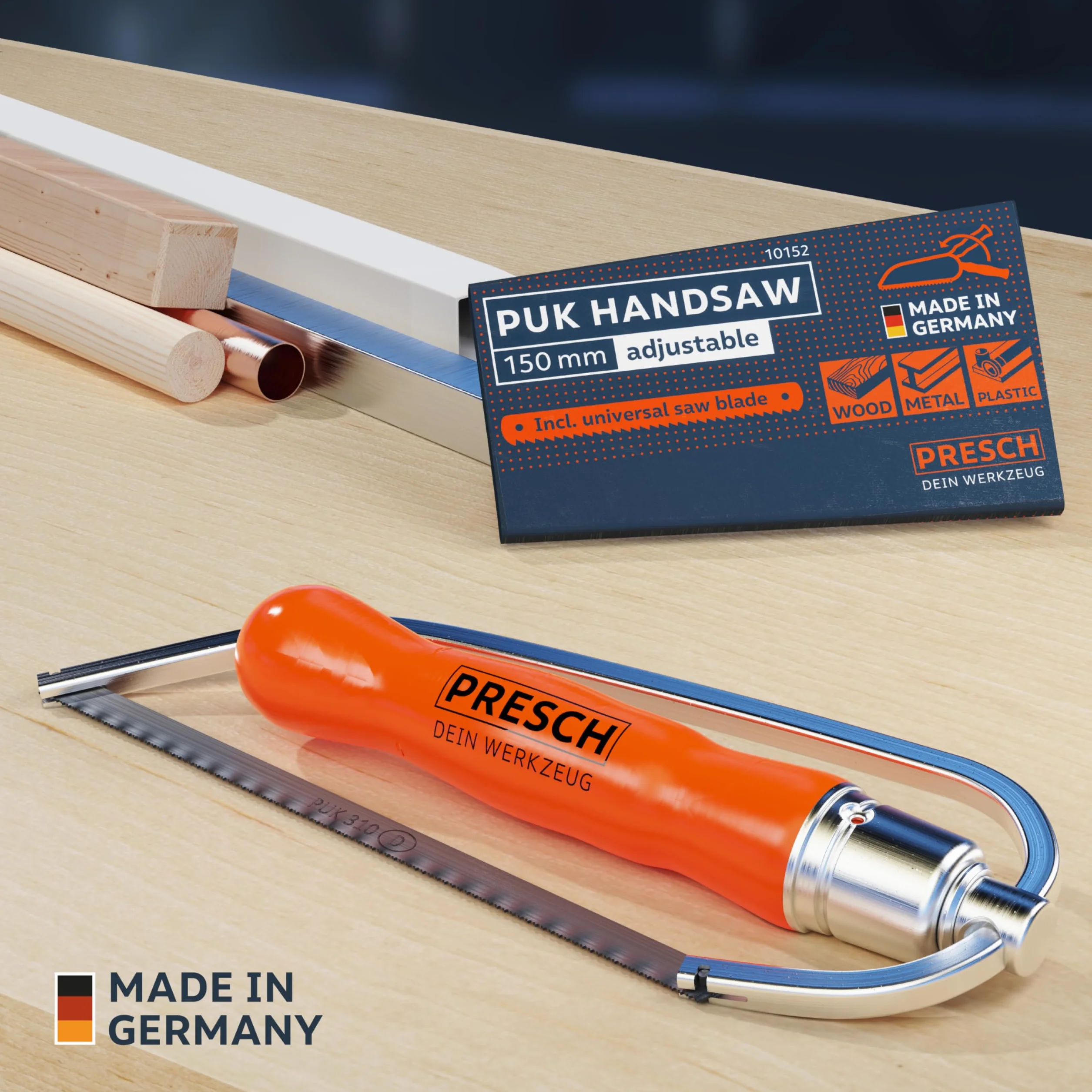 Presch Piła do metalu Junior składana 150 mm z uniwersalnym brzeszczotem - Piła ręczna 150 mm z regulowanym uchwytem - Do metalu nieżelaznego, plastiku, aluminium, wszystkich rodzajów drewna