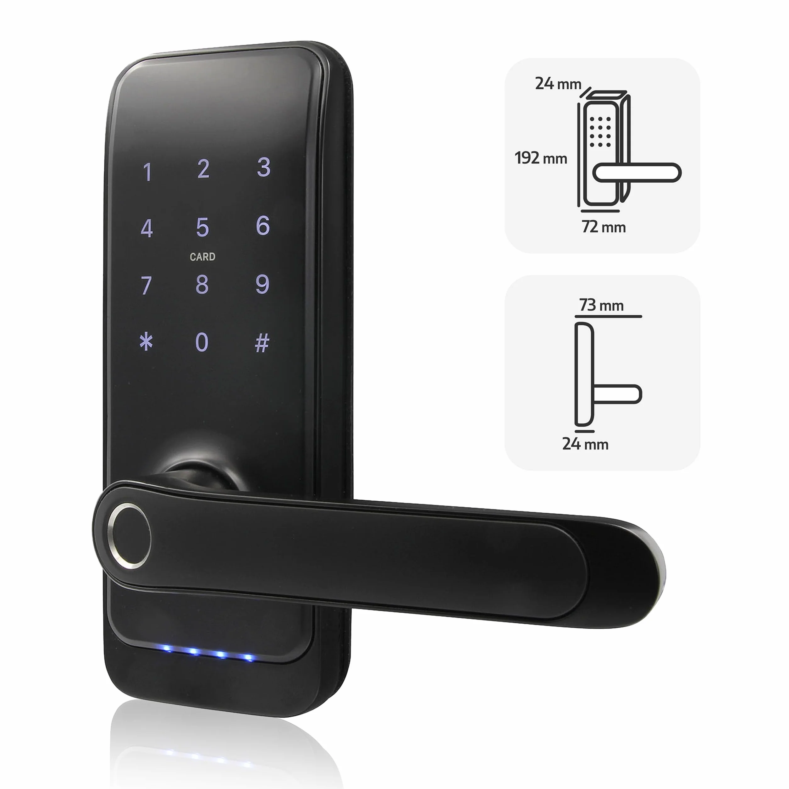 EURA ELH-01H4 inteligentny zamek do drzwi z uchwytem, zamek kodowy, czytnik zbliżeniowy 13,56 MHz, czytnik biometryczny, aplikacja TTLock/TTHotel, IP65, uniwersalny odstęp rygli, czarny