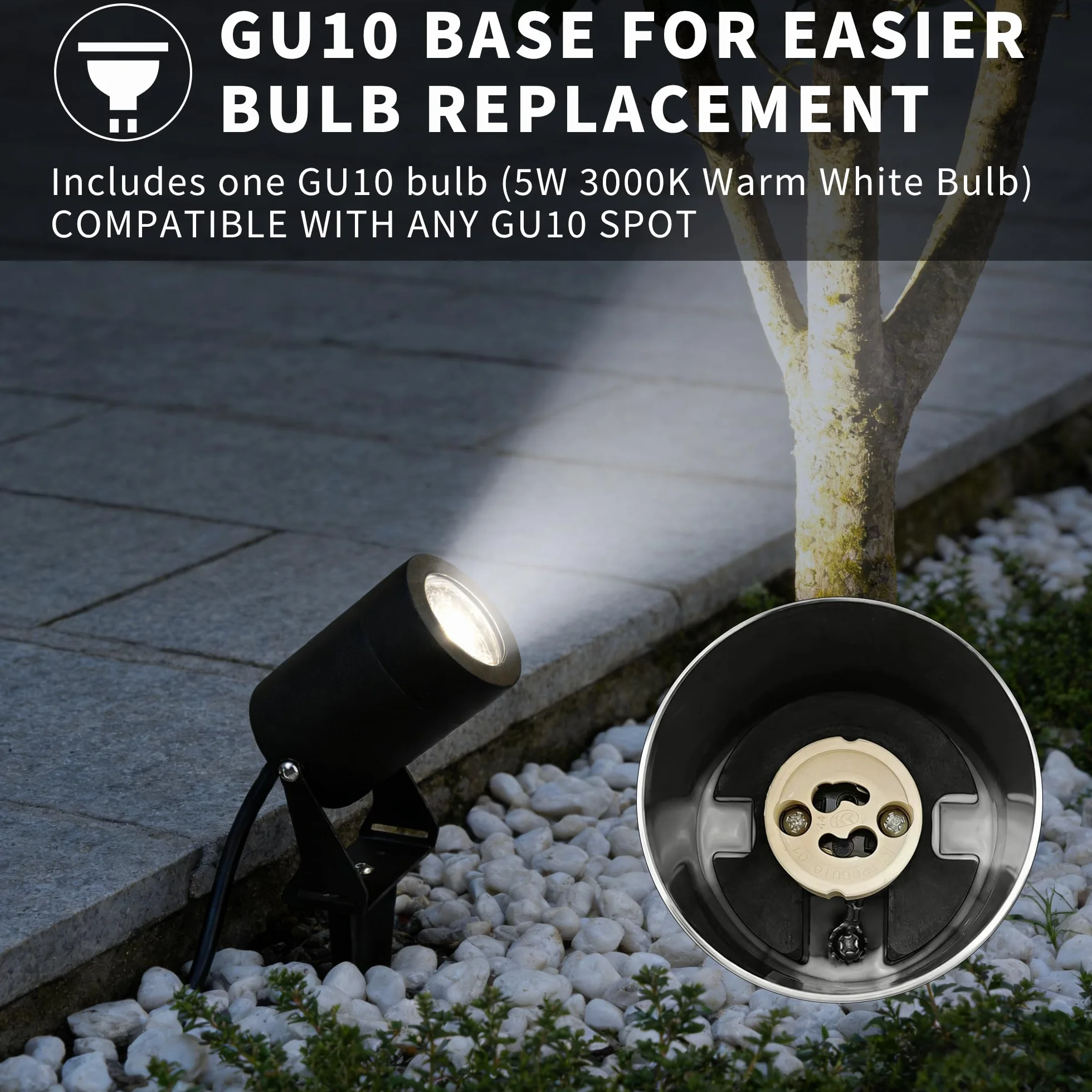 JNR Reflektor ogrodowy LED ze stali nierdzewnej z ostrzem do wbijania w ziemię, wodoszczelność IP65, lampa ogrodowa z żarówką 5 W, GU10 3000 K, kabel 2 m, bez wtyczki, oświetlenie ogrodowe na zewnątrz