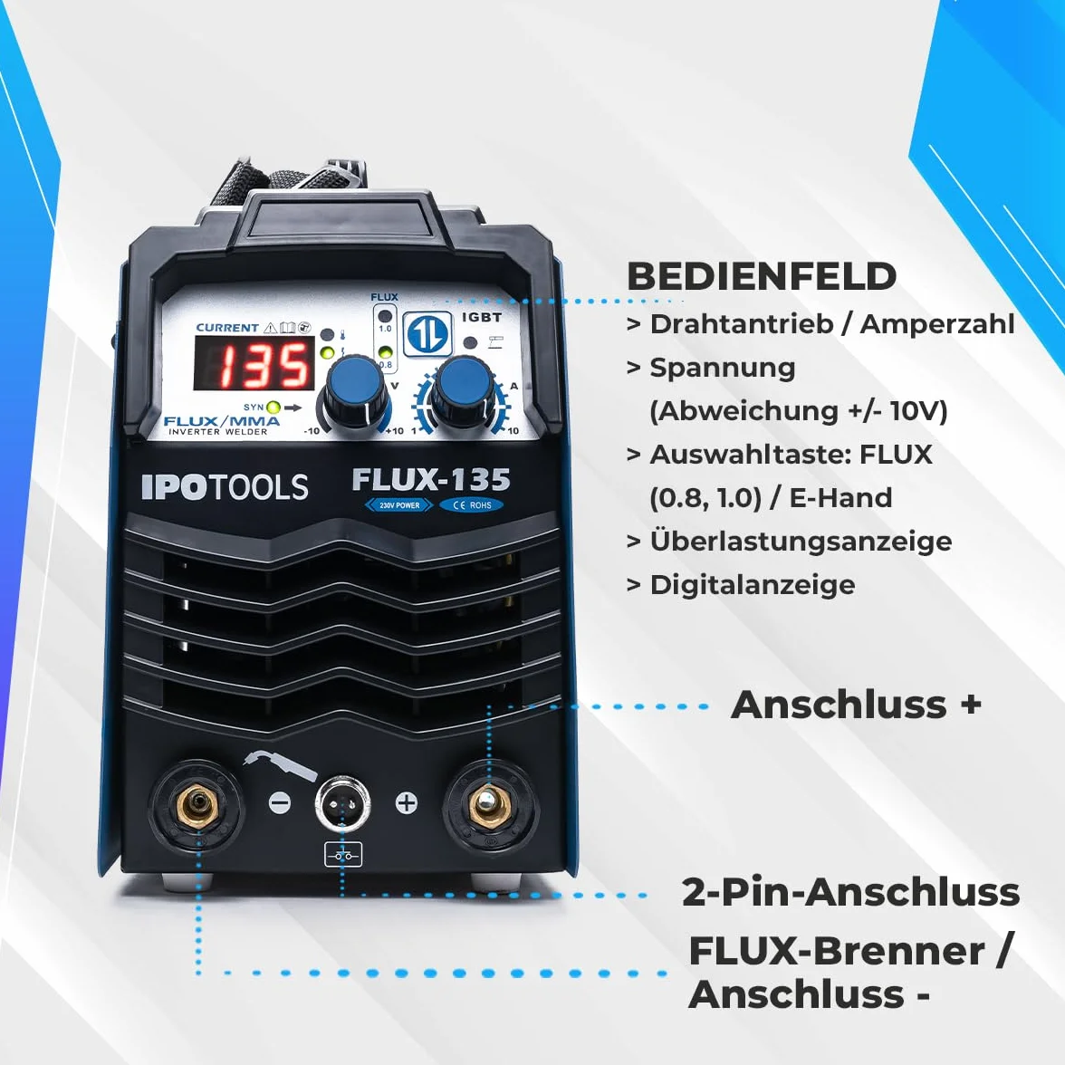 IPOTOOLS FLUX-135 spawarka drutem rdzeniowym bez gazu 135 A – 3 w 1 FLUX/ARC/MMA inwerterowa spawarka z synergicznym posuwem drutu, IGBT, 230 V, kompaktowa i przenośna
