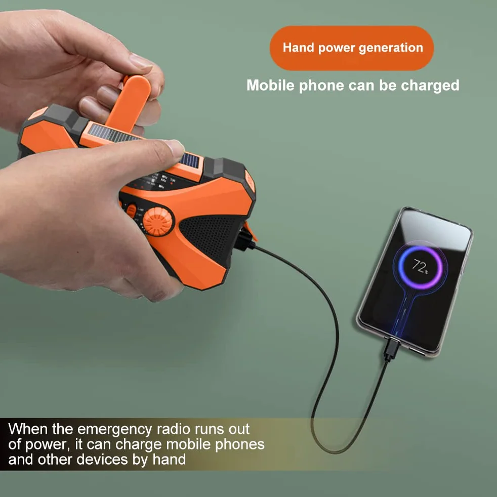 Radio korbowe AM/FM z ładowarką telefonu, akumulator 10000 mAh, latarka LED SOS