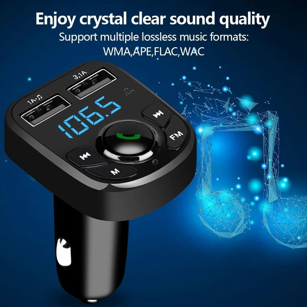 MKOIJN Samochodowy nadajnik FM Bluetooth Radio Zestaw głośnomówiący MP3 Odtwarzacz Ładowarka 2 porty USB 5V/2,4A 1A