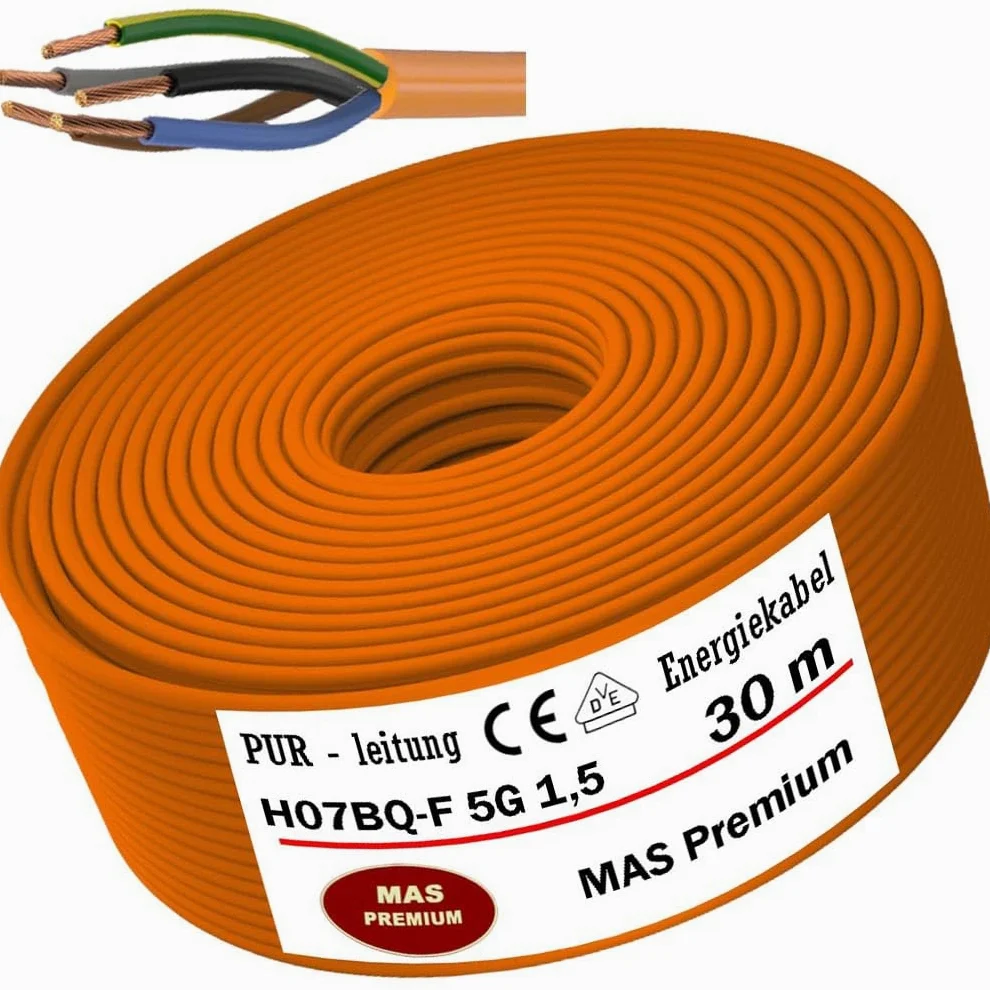 MAS-Premium® przewód PUR H07BQ-F 5 x 1,5 m, pomarańczowy, przewód przyłączeniowy do podłączenia urządzeń rolniczych lub komercyjnych, kabel budowlany (30 m)