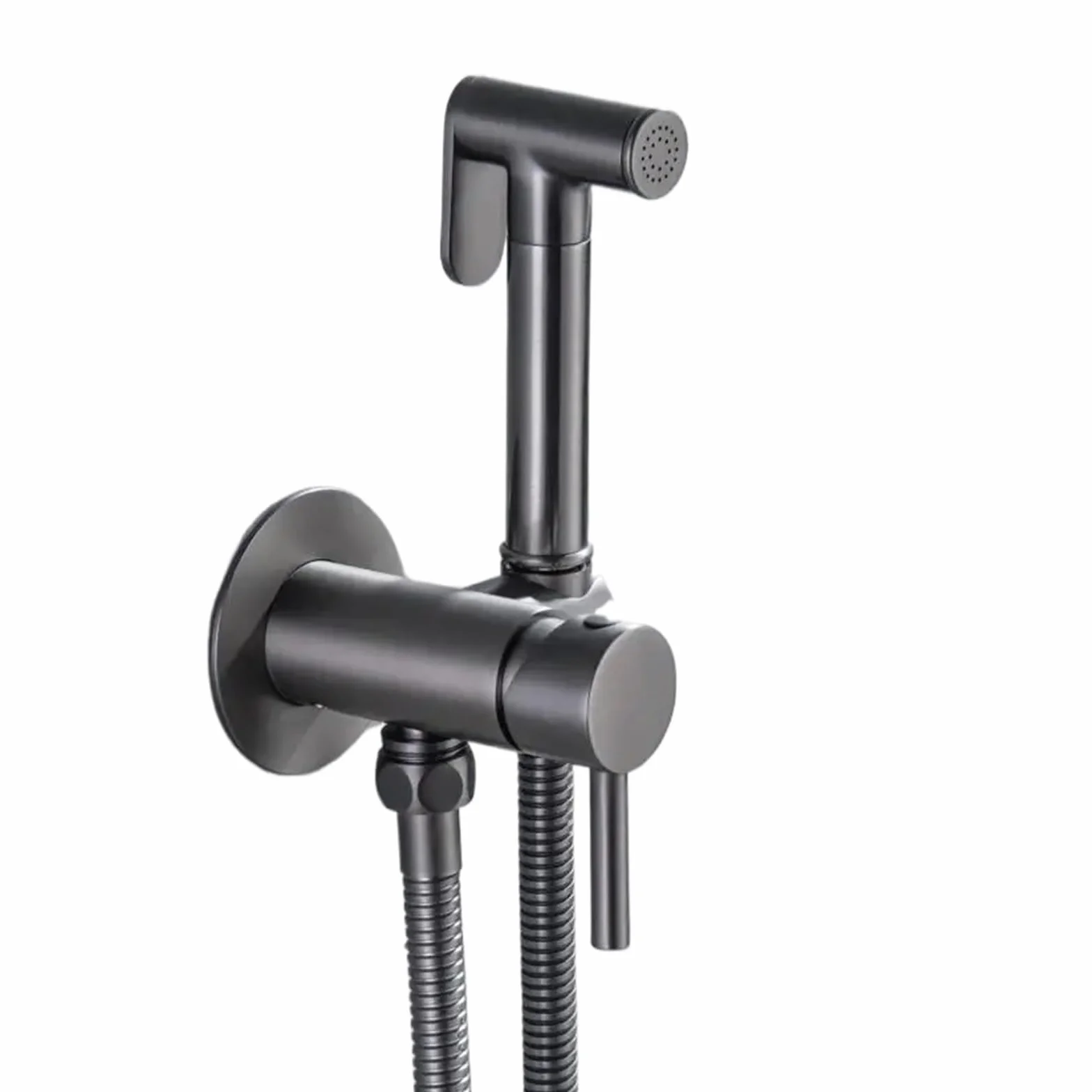 Bateria toaletowa z szarym prysznicem bidetem, bateria ścienna ze szczotkowanego mosiądzu, ciepła i zimna woda, prysznic ręczny i elastyczny. (Gunmetal szary)