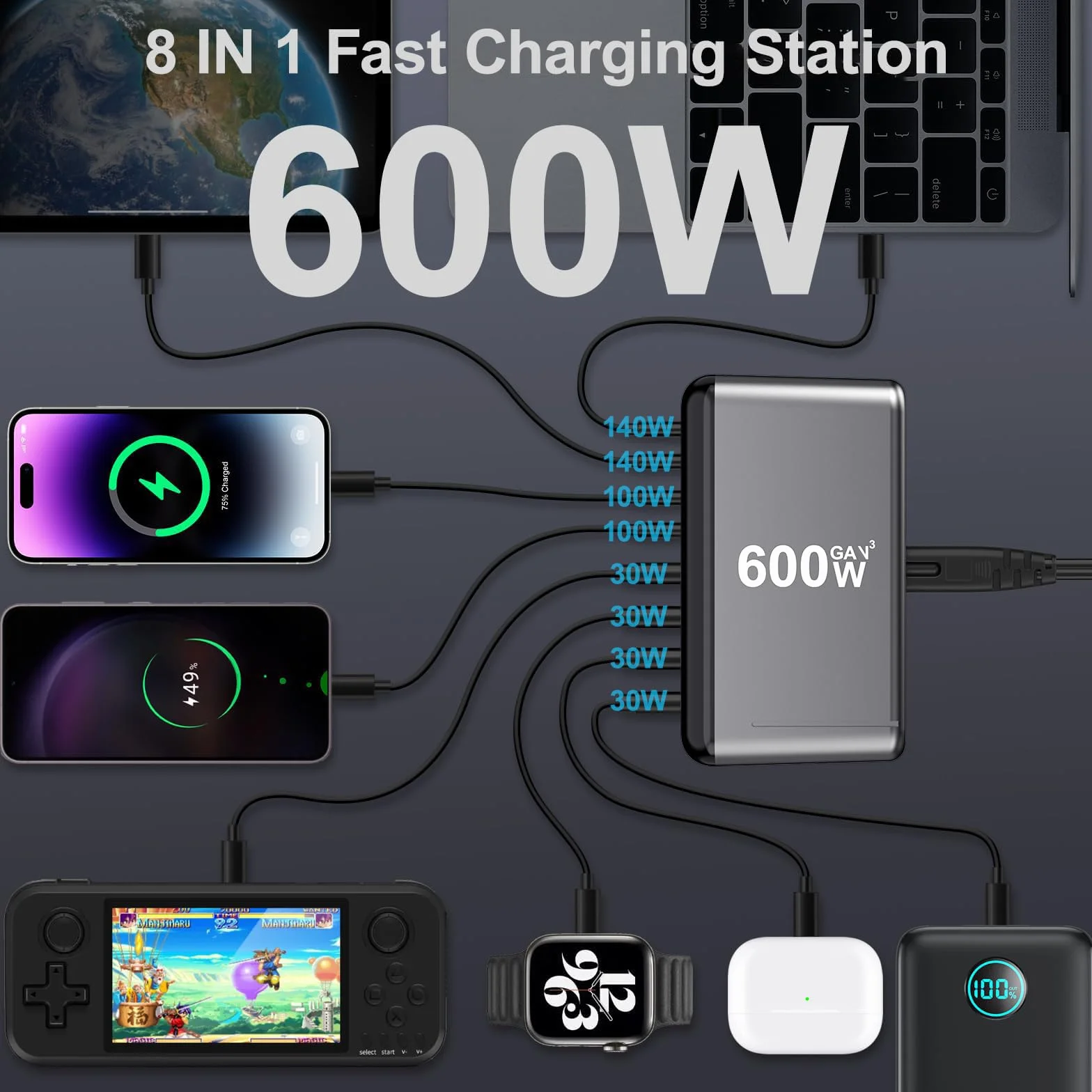 Blok ładowarki USB C, 600 W, 8 portów, GaN, szybka ładowarka do laptopa, iPada, iPhone'a 17 Pro Max, szybka ładowarka, Pixel DELL MacBook Pro/Air Galaxy S25, Steam Deck USB C, 140 W, adapter do systemu Android