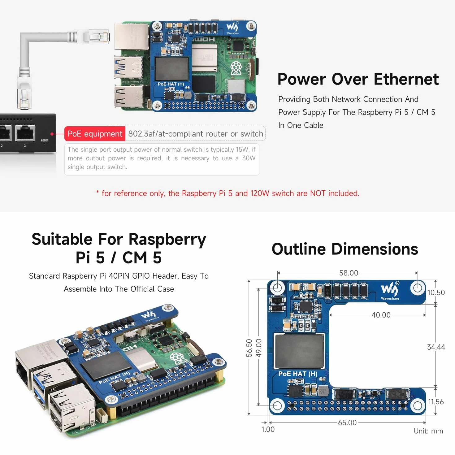 Waveshare Power Over Ethernet HAT (H), Compatible with Raspberry Pi 5 / CM 5, 5V 5A Output, Stable Performance, Supports 802.3af/at Network, Isolated Switched-Mode Power Supply, PoE HAT, Board ONLY