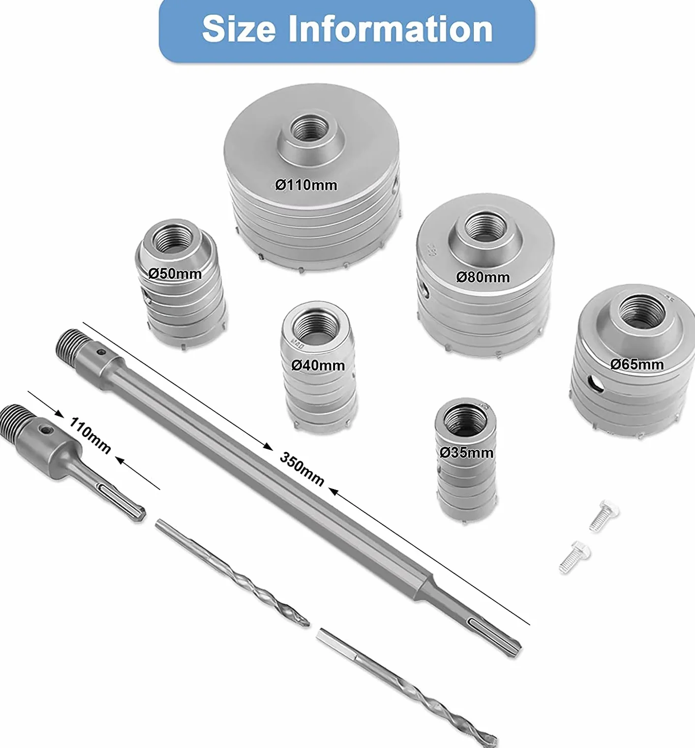 Wiertło koronowe, 10 szt. Nasadek do wiercenia z 6 wiertłami koronowymi 35 mm, 40 mm, 50 mm, 65 mm, 82 mm, 110 mm, otwornica, wiertło z 2 śrubami blokującymi i 2 wiertłami prowadzącymi