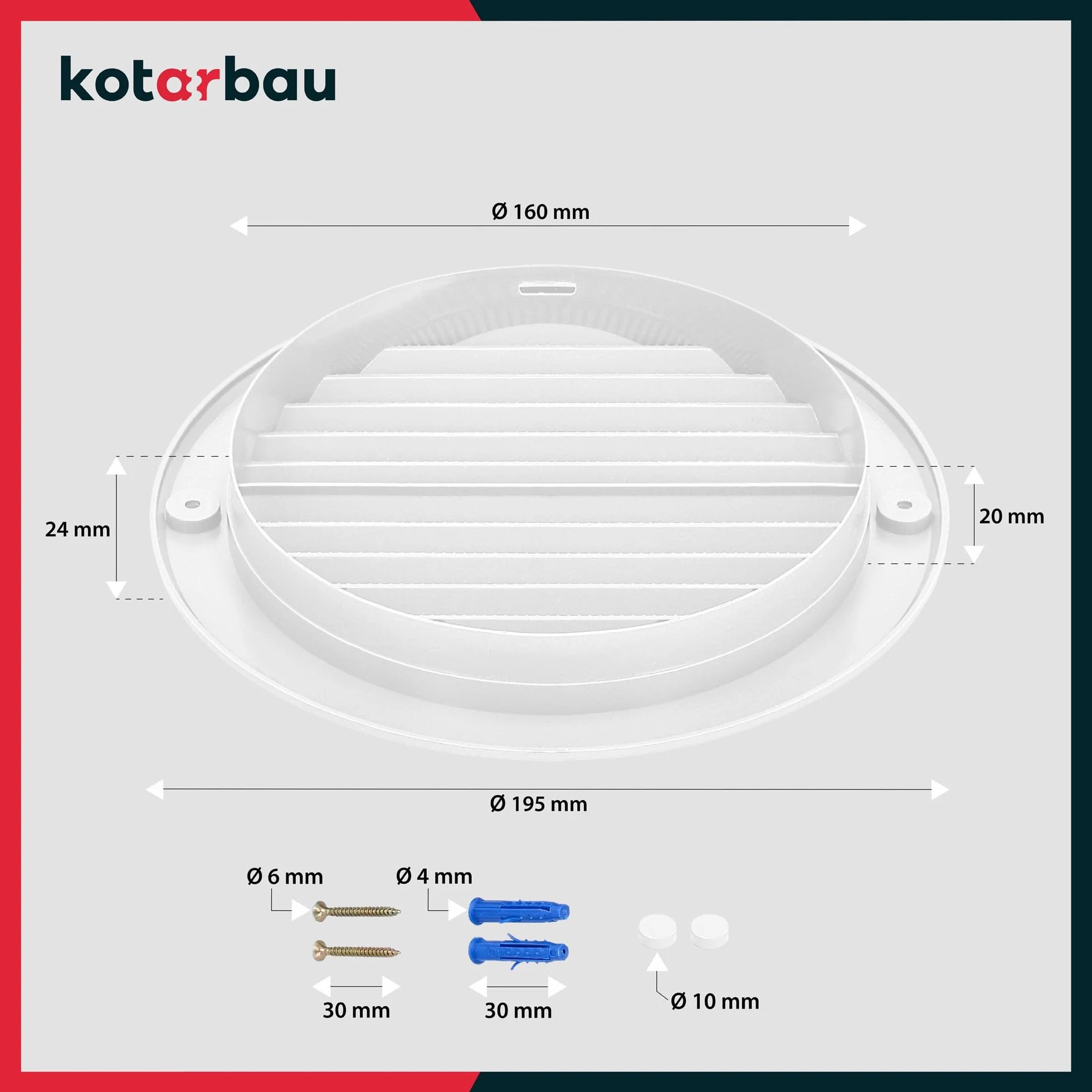 KOTARBAU® Okrągła Kratka Wentylacyjna - 160 MM - Wentylacja z Siatką - Plastikowa - Biała