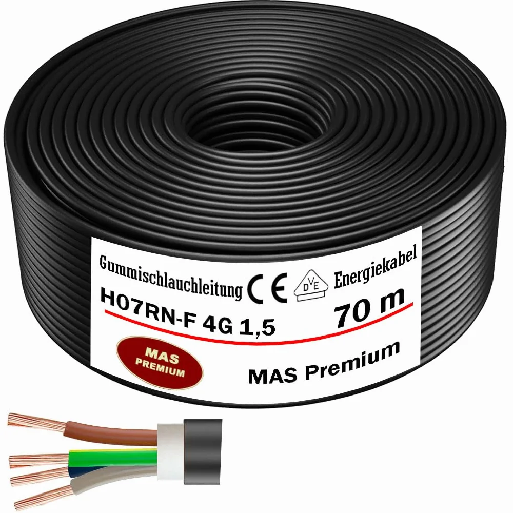 MAS Premium Przewód gumowy od 5 do 100 m, kabel zasilający na plac budowy H07RN-F 4G1,5 mm², elastyczny przewód z przewodem ochronnym do ciężkich urządzeń (70 m)