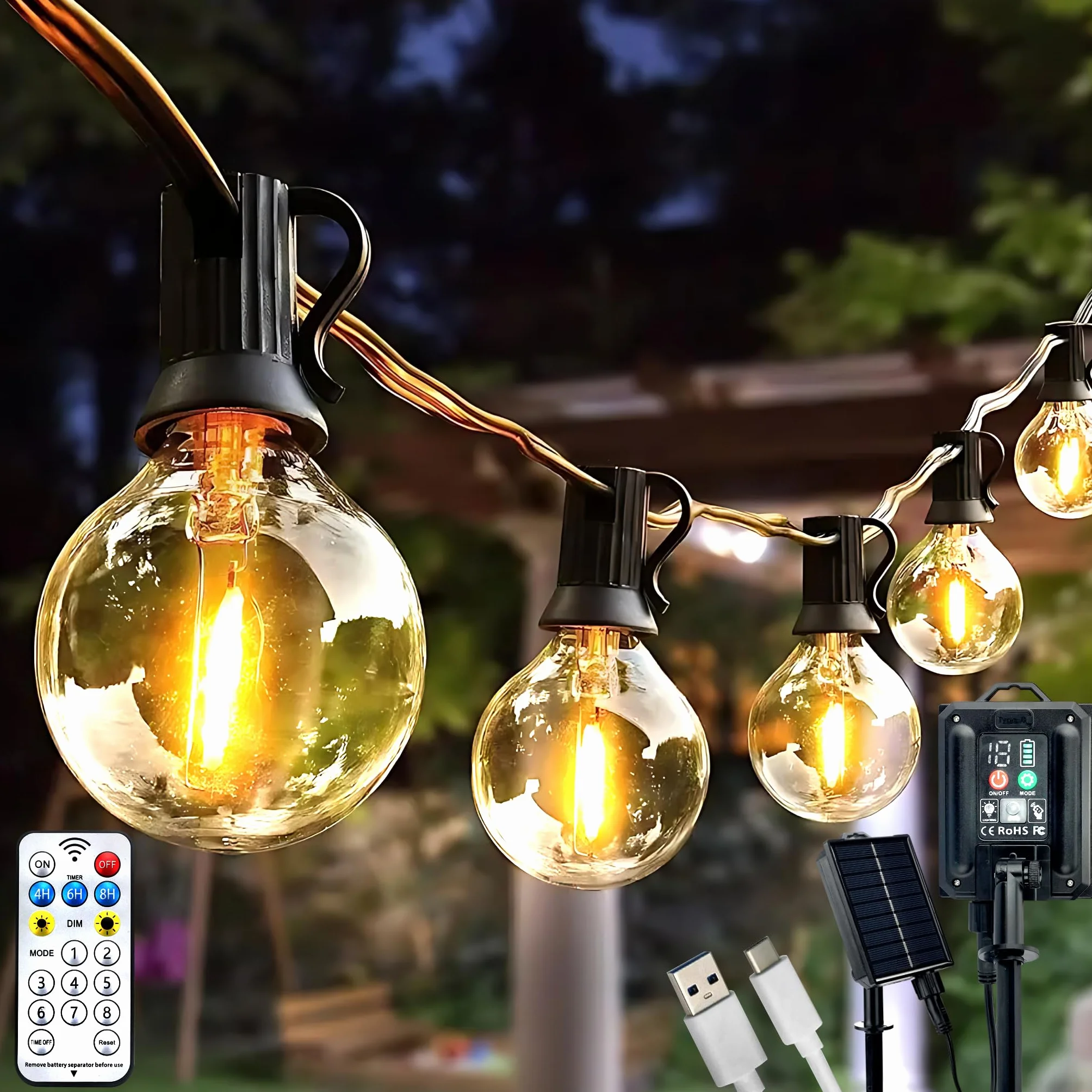 Lumiled Solarny łańcuch świetlny na zewnątrz 20 + 2 żarówki zapasowe x G40 LED 10,55 M z pilotem Solarny łańcuch świetlny Oświetlenie ogrodowe na zewnątrz IP44 Ciepła biel 2700K Żarówki 8 trybów pracy