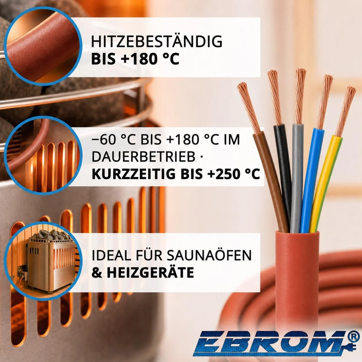 Kabel silikonowy do sauny SIHF z dokładnością do metra! SIHF-J 5 x 4 mm² (5G4 mm2) 100% miedź OFC ocynkowana - wybór w odstępach 1 metra