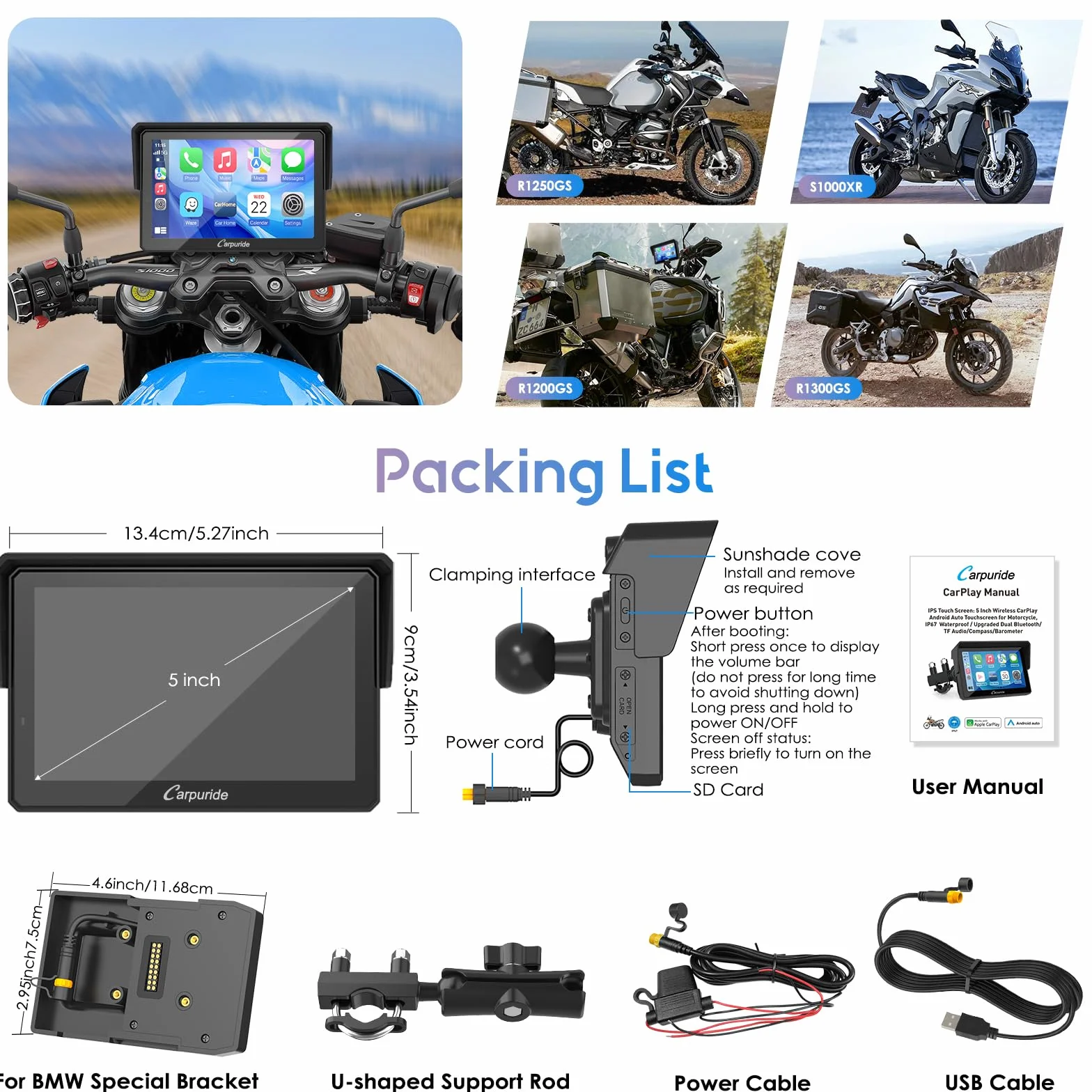 Carpuride W502PRO B do motocykli B.-M-.W CarPlay i Android Auto i podwójny Bluetooth, nawigacja étanche 5 pouces pour Moto, część muzyczna, interkom, korektor, uchwyt światła, kurtyna, barometr