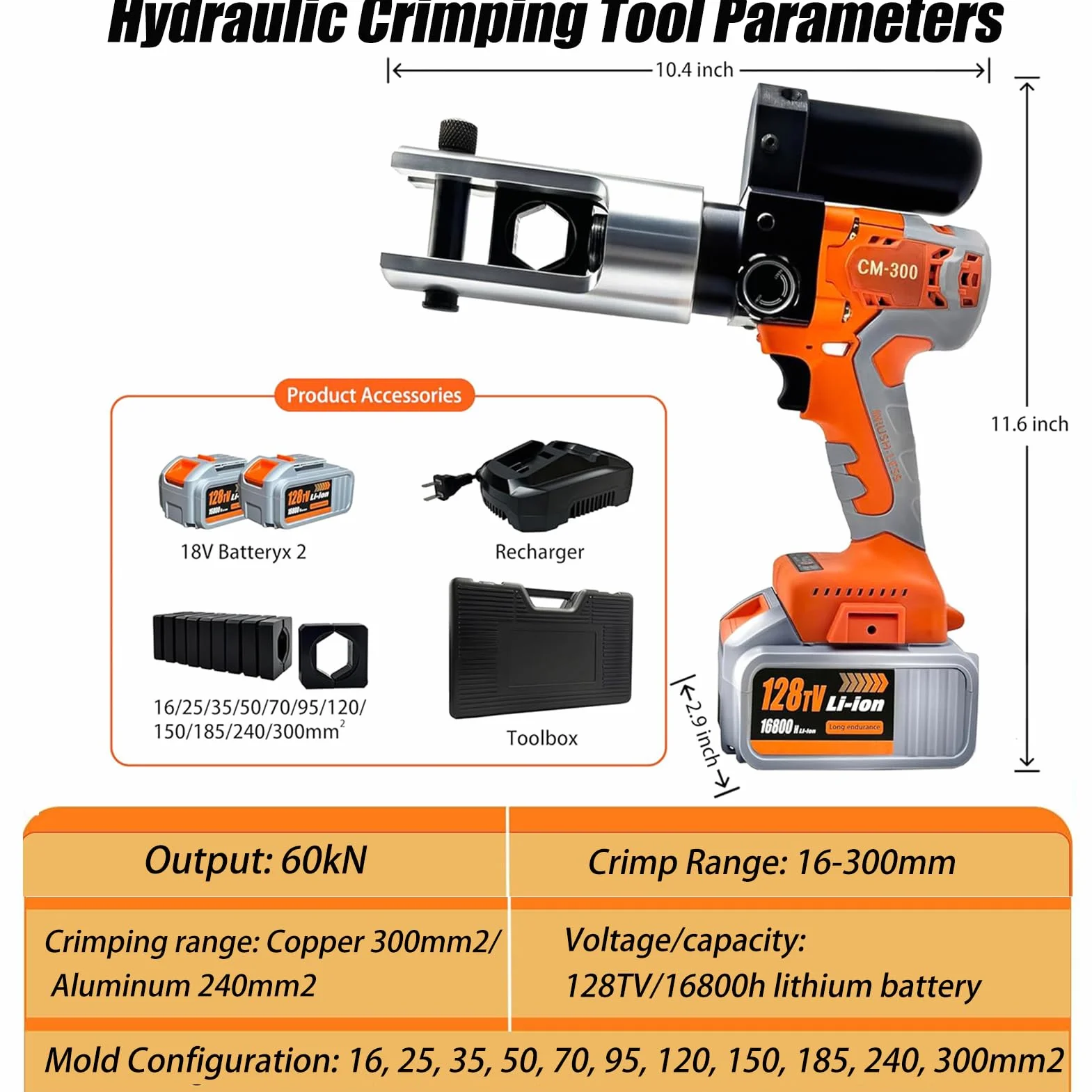 Hydrauliczne narzędzie do zaciskania – bezprzewodowe szczypce elektryczne do zacisków miedzianych aluminiowych 16-300 mm², ładowalna ręczna zaciskarka 18 V z matrycami