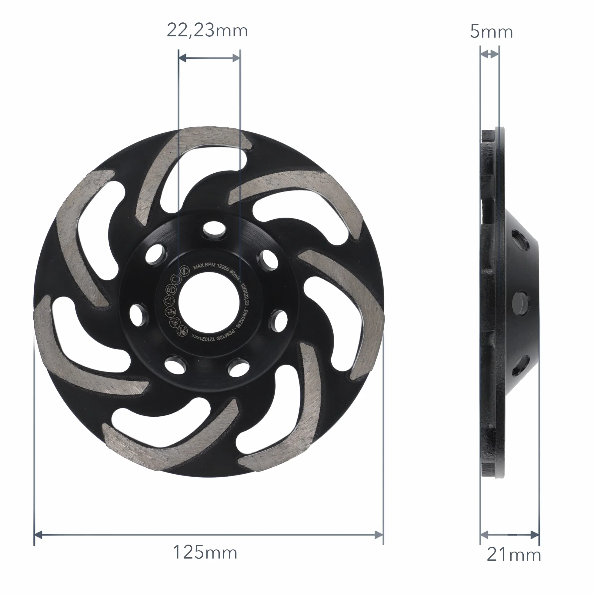 PRODIAMANT Profesjonalna diamentowa tarcza szlifierska Boomerang 125 mm x 22,2 mm, bardzo gruba, uniwersalna ziarnistość do kleju, betonu, kamienia zoptymalizowana pod kątem odsysania pyłu