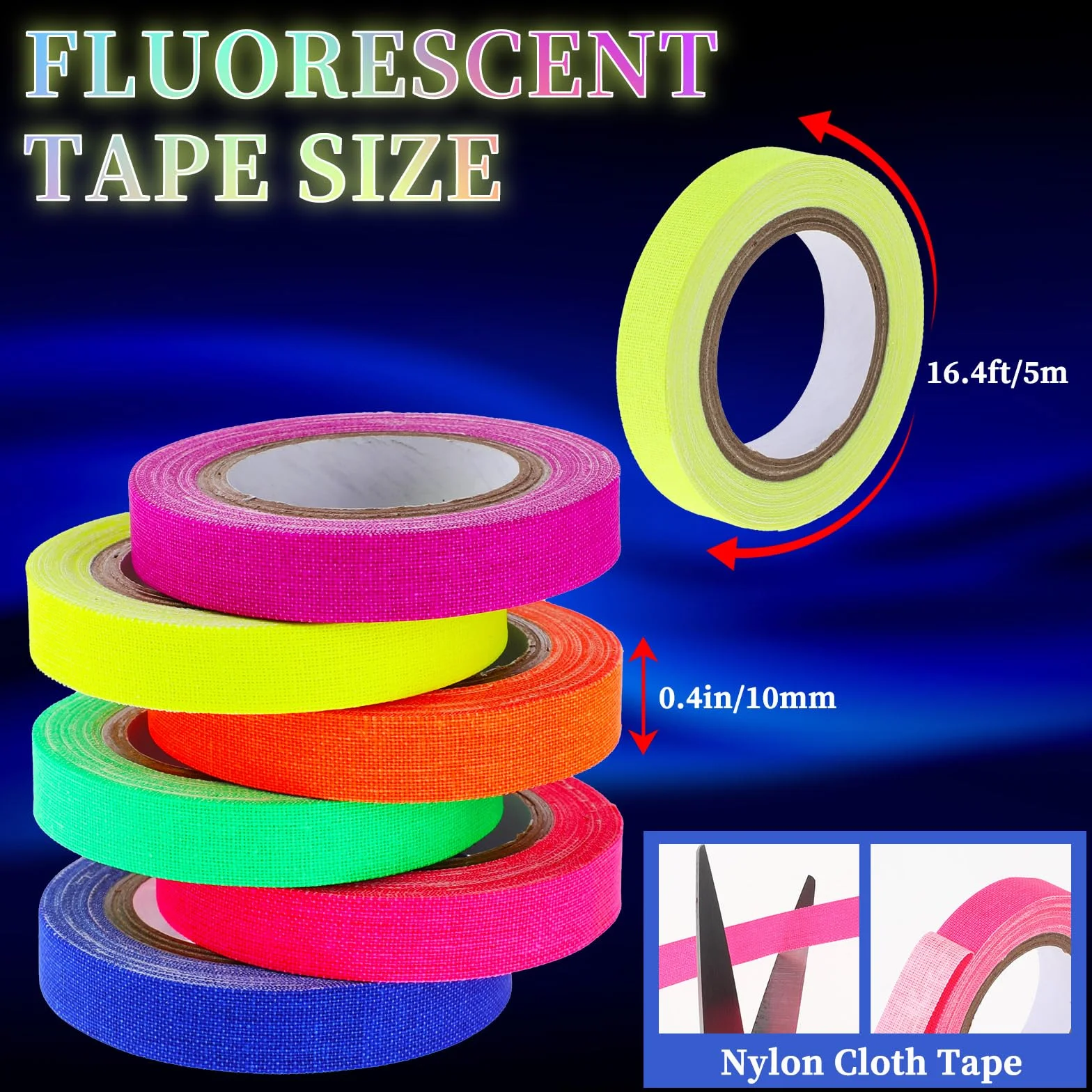 Giantree 6 rolek neonowej taśmy klejącej, 5 m x 10 mm, fluorescencyjna taśma samoprzylepna, odporna na promieniowanie UV, czarne światło, taśma ostrzegawcza na schody, ściany, akcesoria sceniczne (10