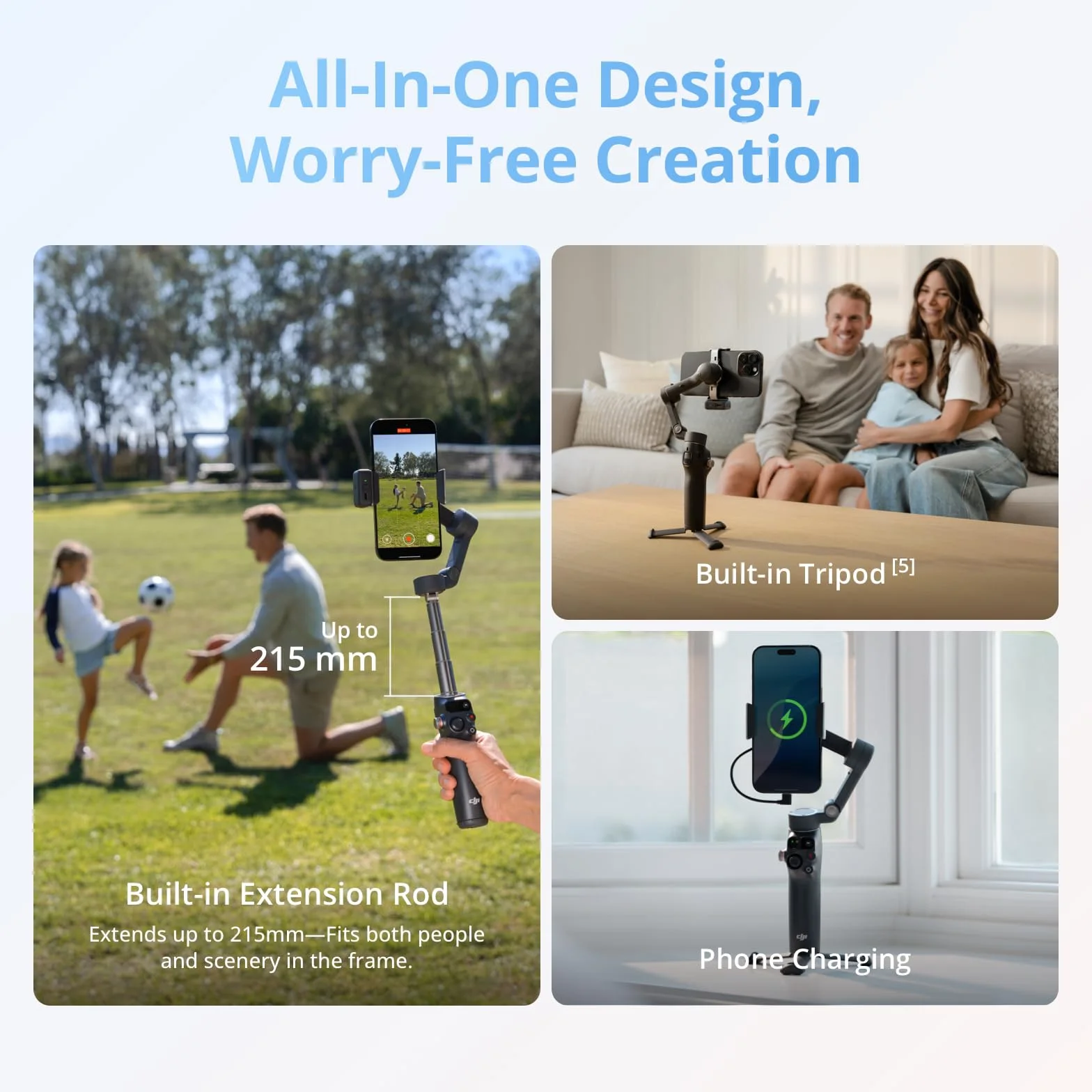 DJI Osmo Mobile 8 stabilizator gimbala do telefonu, natywne śledzenie z dźwiękiem i oświetleniem, obrót 360°, wbudowany drążek przedłużający i statyw, bateria 10 h, drążek przedłużający, solidna