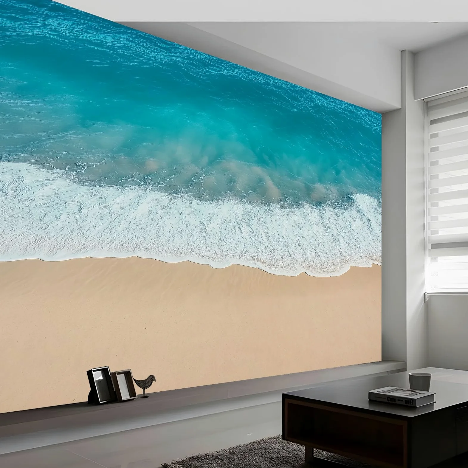 Naturalna plaża woda morze prosta tapeta panoramiczna 3D 400 x 280 cm, fototapeta z włókniny | Dekoracja Fototapeta Sypialnia Niebieska zielona dla dzieci,