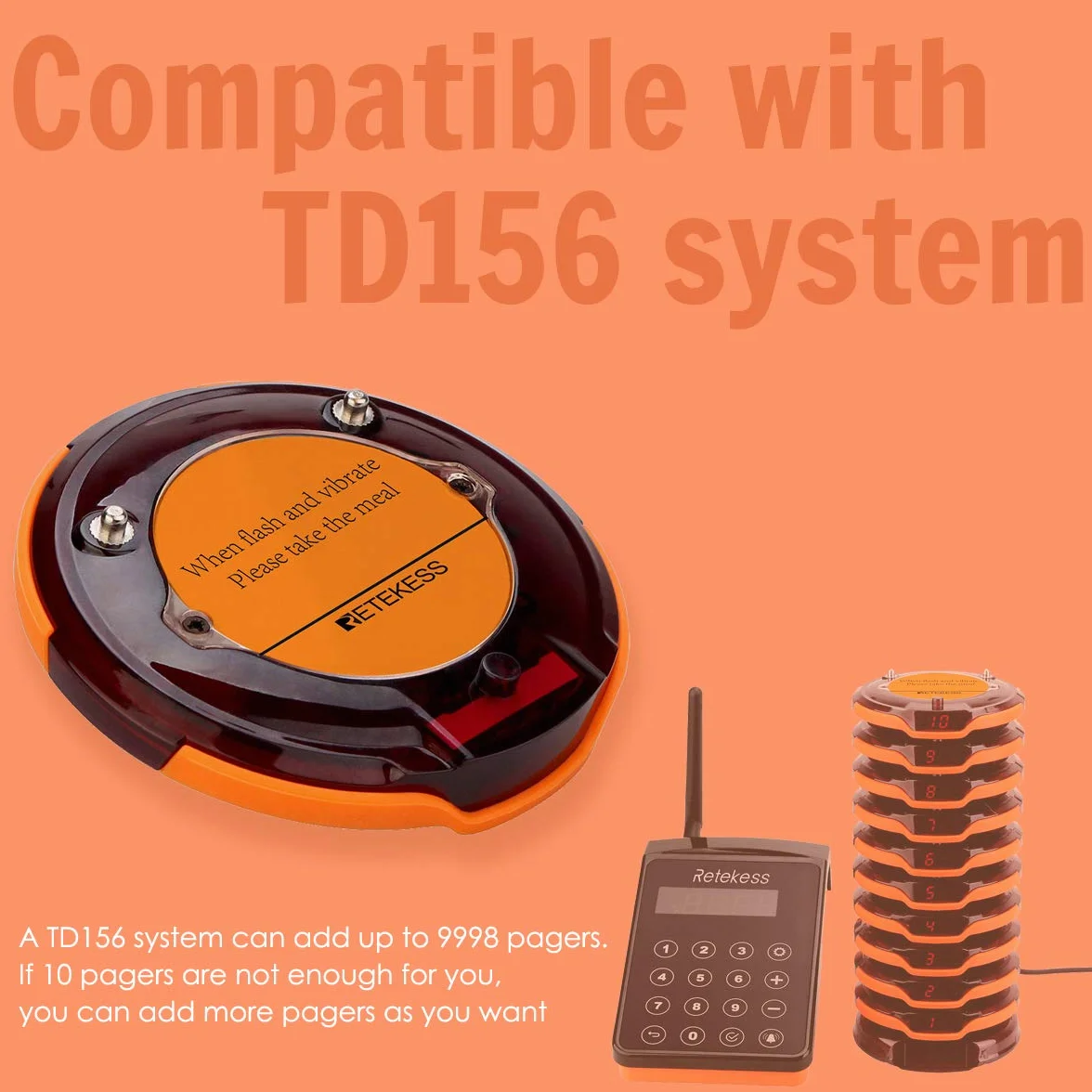 Retekess TD156 Odbiornik Pager Bezprzewodowy System Wywoławczy IP67 Wodoodporny 500 mAh 48H