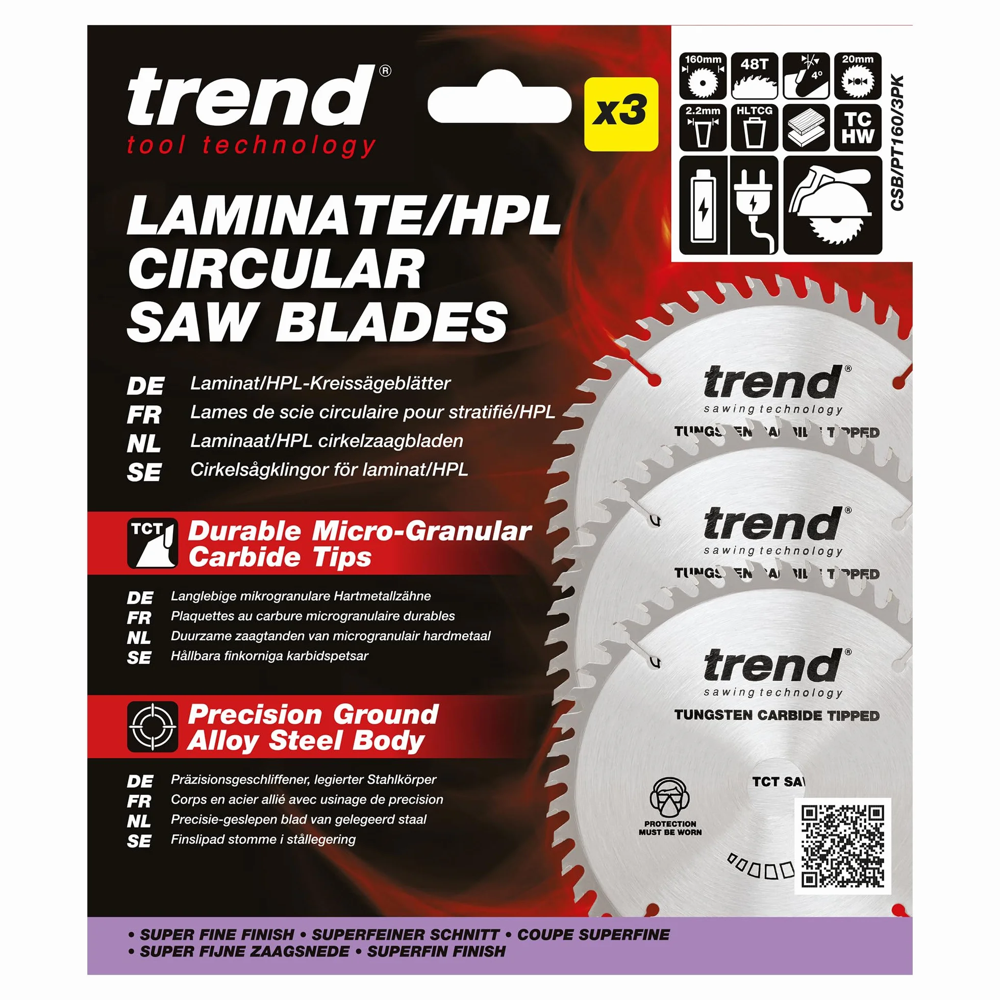 Trend TCT do laminatu i HPL 160 mm 48T 3 szt. 20 mm | Do laminatu i HPL: TCT 48T, superdrobne cięcie, kerf 2,2 mm, otwór 20 mm, 3 szt. CSB/PT160/3PK