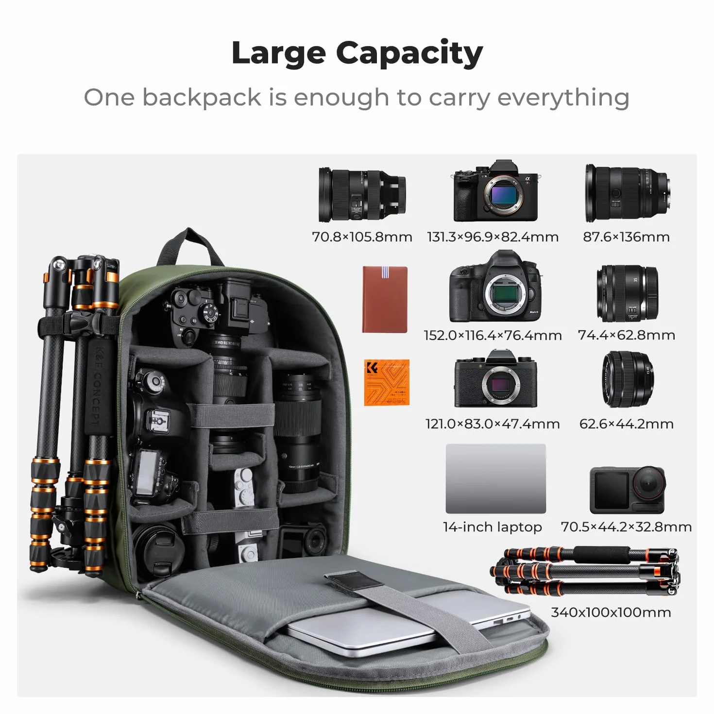 K&F CONCEPT Lekki i wodoodporny plecak na aparat 13 l do profesjonalnych zdjęć, kompatybilny z Sony Canon Nikon, w zestawie przednie kieszenie i uchwyt na statyw