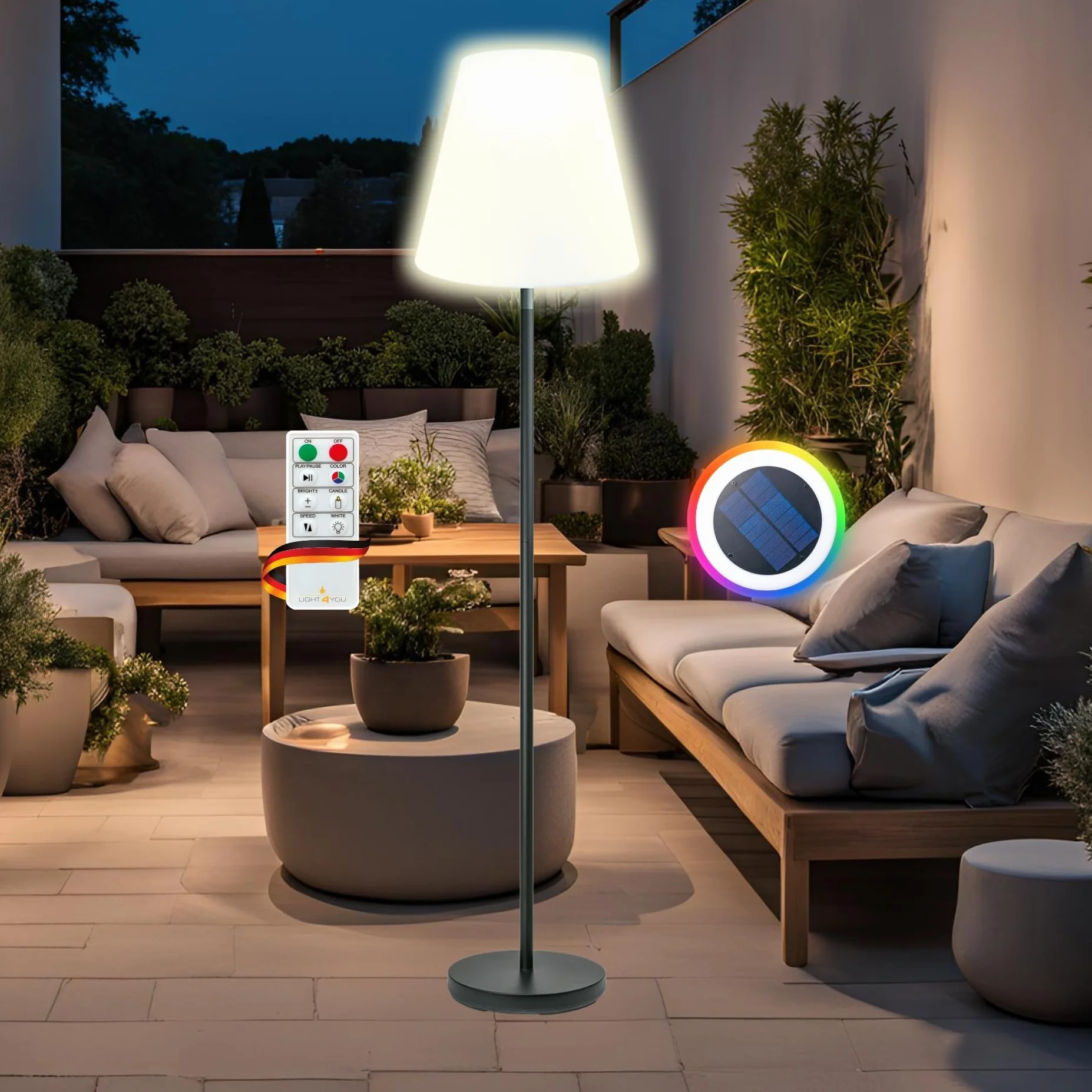 SCHWAIGER Solarna lampa zewnętrzna, 1,5 m, lampa stojąca LED do użytku na zewnątrz, sterowana za pomocą pilota zdalnego sterowania, ochrona IP44, możliwość ściemniania i zmiana koloru, lampa solarna z