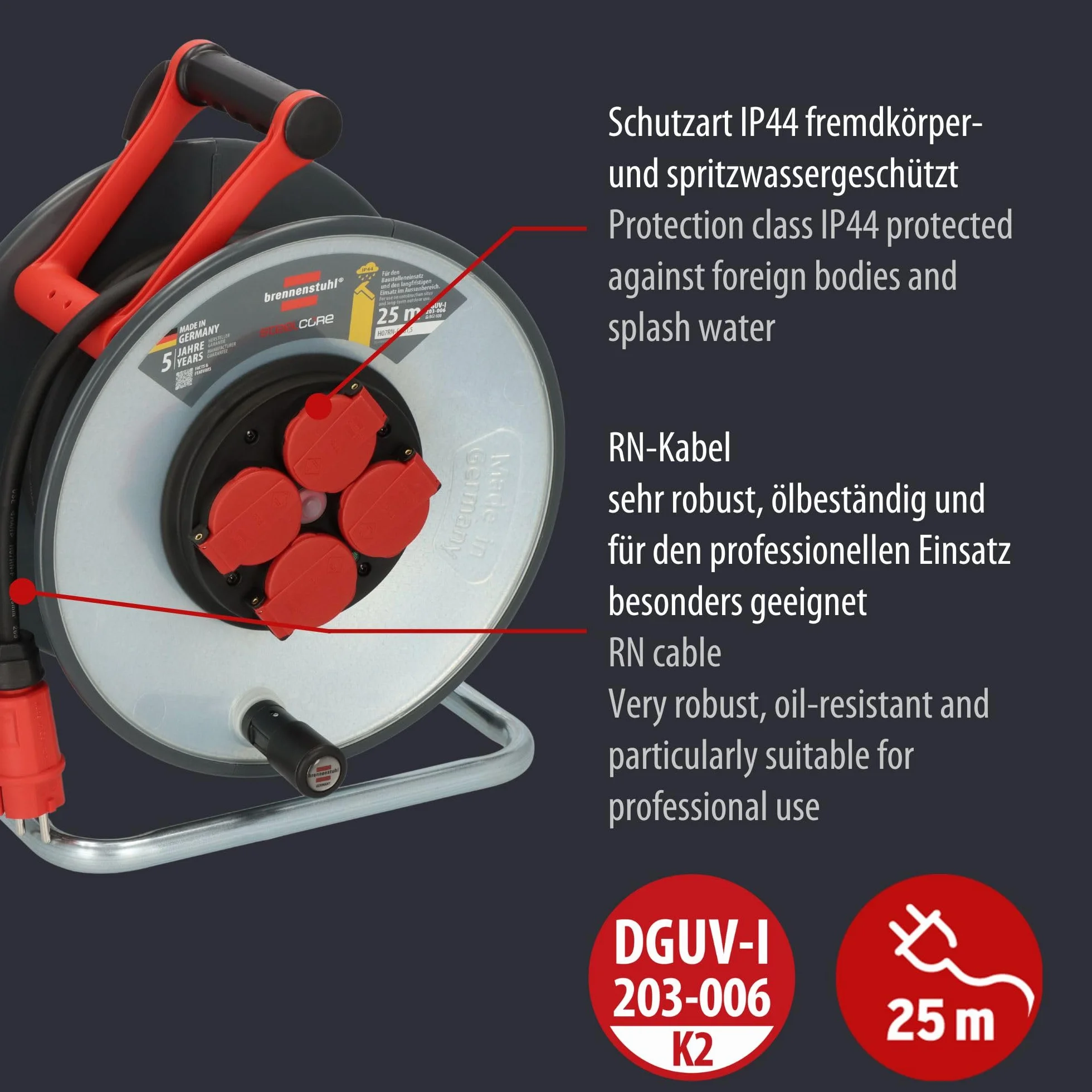 Brennenstuhl Professional SteelCore bęben kablowy SC 2200 IP44 (25 m H07RN-F 3G2,5, korpus bębna z blachy stalowej, zastosowanie na placu budowy i stałe użytkowanie na zewnątrz, Made in Germany)