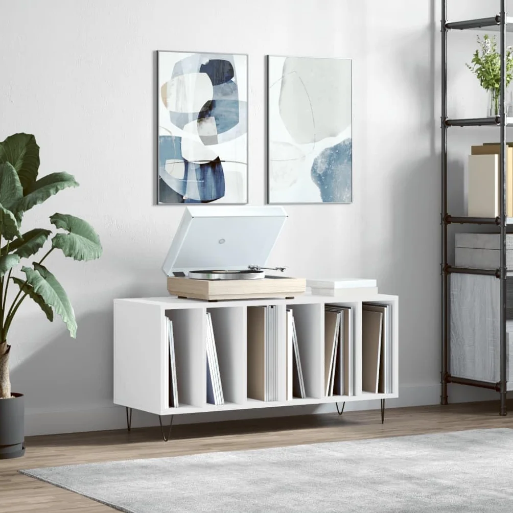 Fengshui Szafka panelowa biała 100 x 38 x 48 cm materiał drewnopochodny | Stabilna górna płyta do gramofonu, żelazne nogi, dużo miejsca do przechowywania płyt LP, styl industrialny
