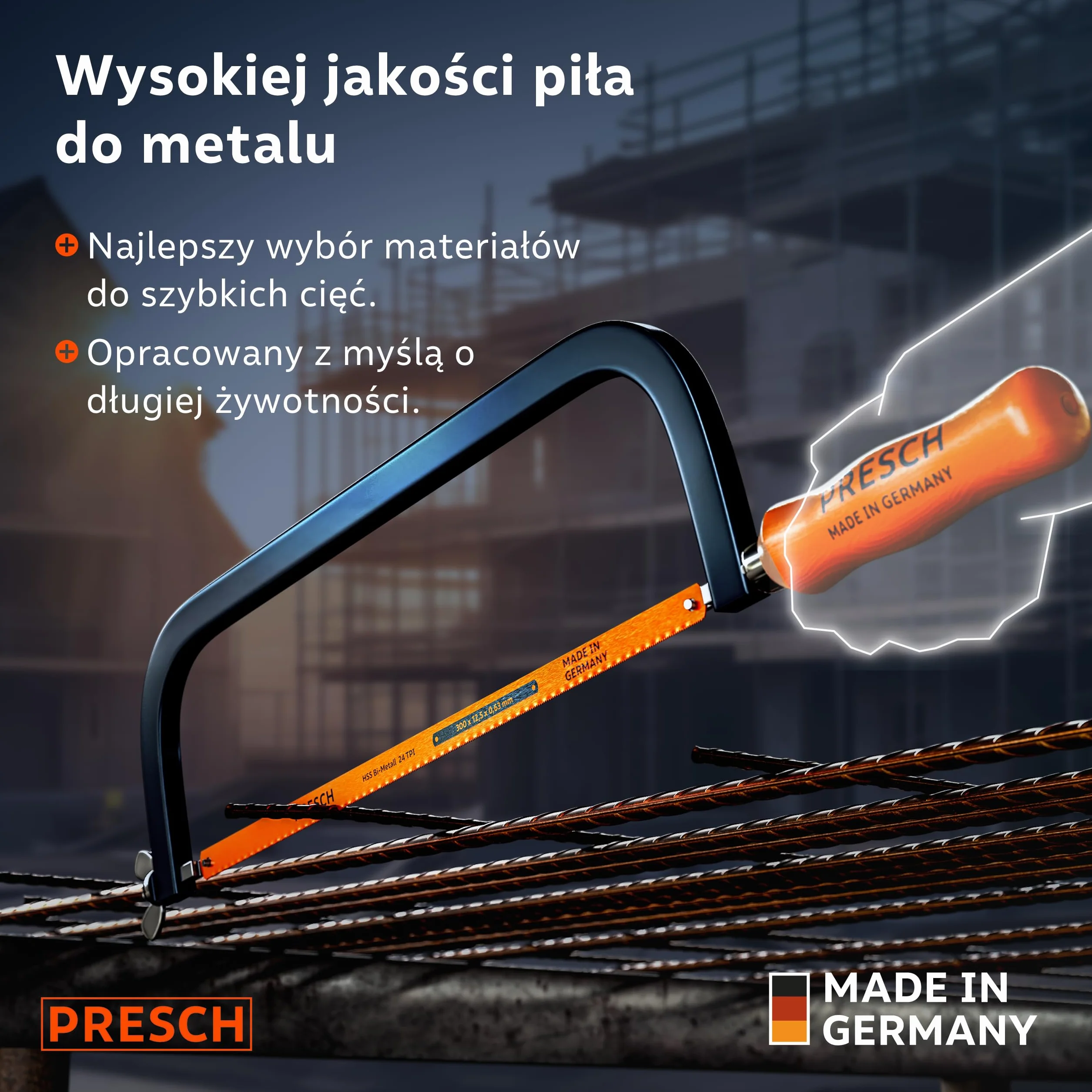 Presch Piła do metalu 300mm - Z brzeszczotem BI-metal do precyzyjnego cięcia - Obrót brzeszczotu o 90° do cięć poziomych i pionowych - Szybka wymiana brzeszczotów - Pila ręczna