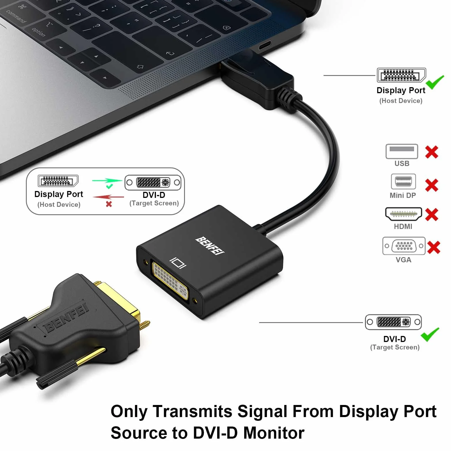 BENFEI DisplayPort na DVI adapter pozłacany DP męski żeński kompatybilny Lenovo Dell HP