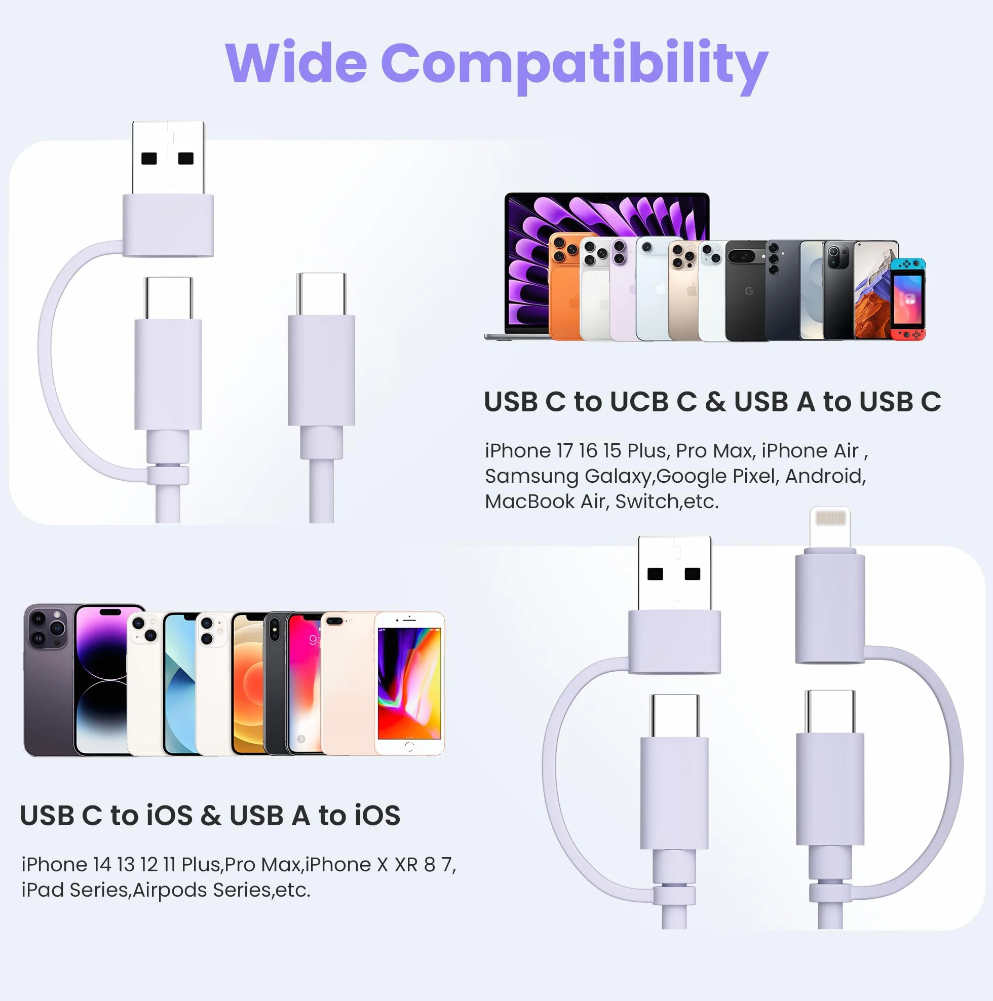 Elebase iPhone Air Kabel do ładowania,Multi 4 w 1 Uniwersalny Kabel 2M,USB Typu C Lightning do Szybki ładowania Kompatybilny z New Apple 15 14 13 12 Xr Xs Plus Mini,iPad 10 9 8,Mini 7 6,Air 5 4
