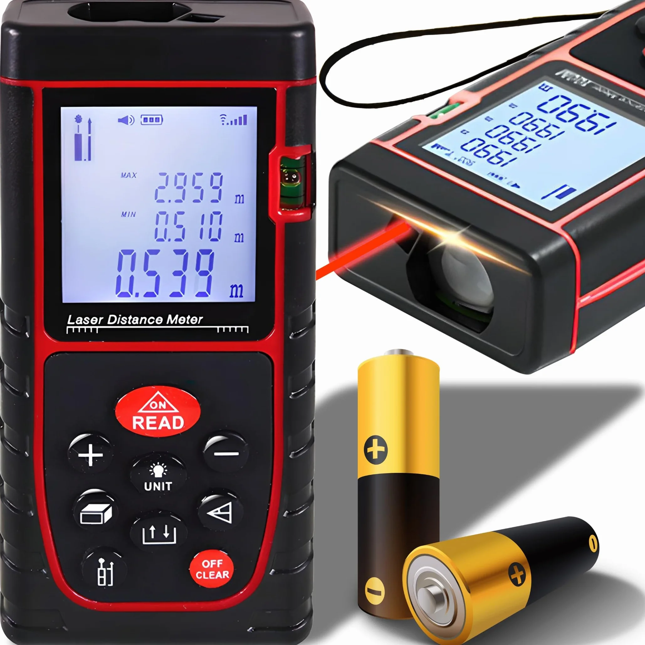 Retoo Cyfrowy dalmierz laserowy z 2 bateriami i pokrowcem, miernik odległości, 40 m, podświetlenie LCD, wiele trybów pomiaru Pitagoras/odległość/powierzchnia/objętość IP54, wysoka precyzja