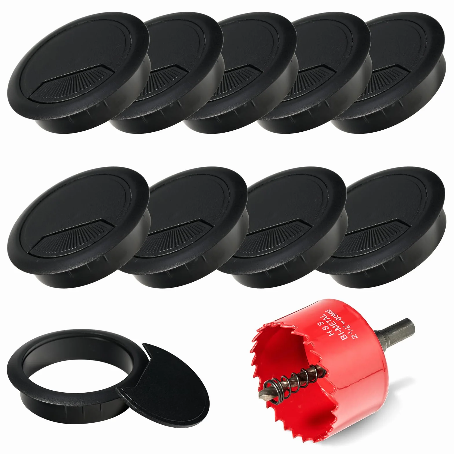 10 szt. przelotka na biurko 60 mm z otwornicą 60 mm, przelotka kablowa na biurko, osłona otworu kablowego, przelotka kablowa, osłona otworu na biurko, przelotki biurowe (czarne)