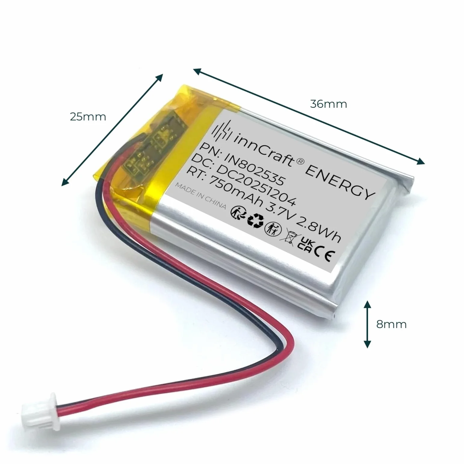 innCraft Energy Akumulator Litowo Polimerowy 750mAh 3.7V 36x25x8 Model 802535 2P Molex 51021-020 1.25mm