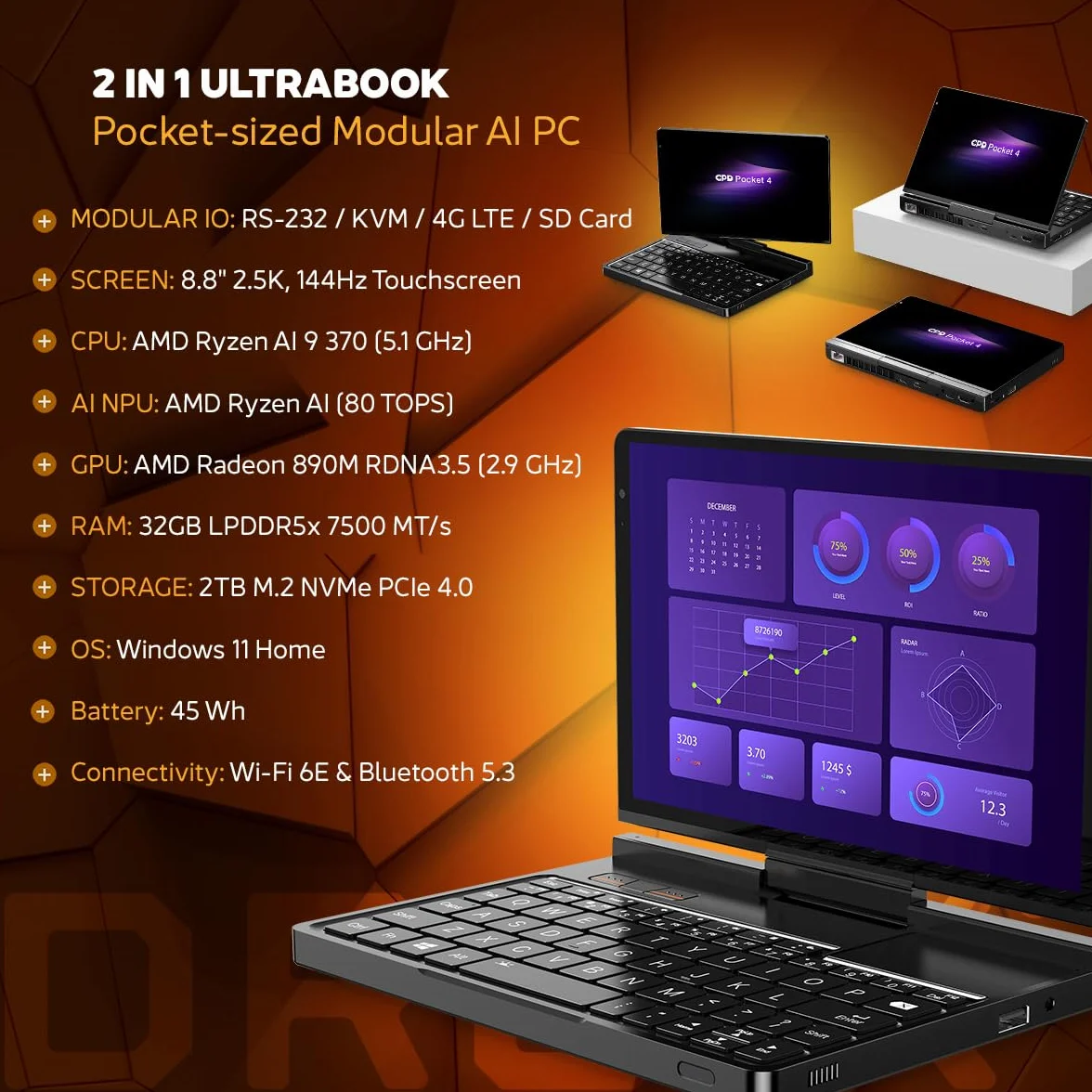 GPD Pocket 4 Mini Laptop AMD Ryzen AI 9 HX 370 Radeon 890M 32GB RAM LPDDR5X 2TB SSD PCIe Gen4 8,8" 2,5K 144 Hz Wi-Fi 6E Bluetooth 5.3