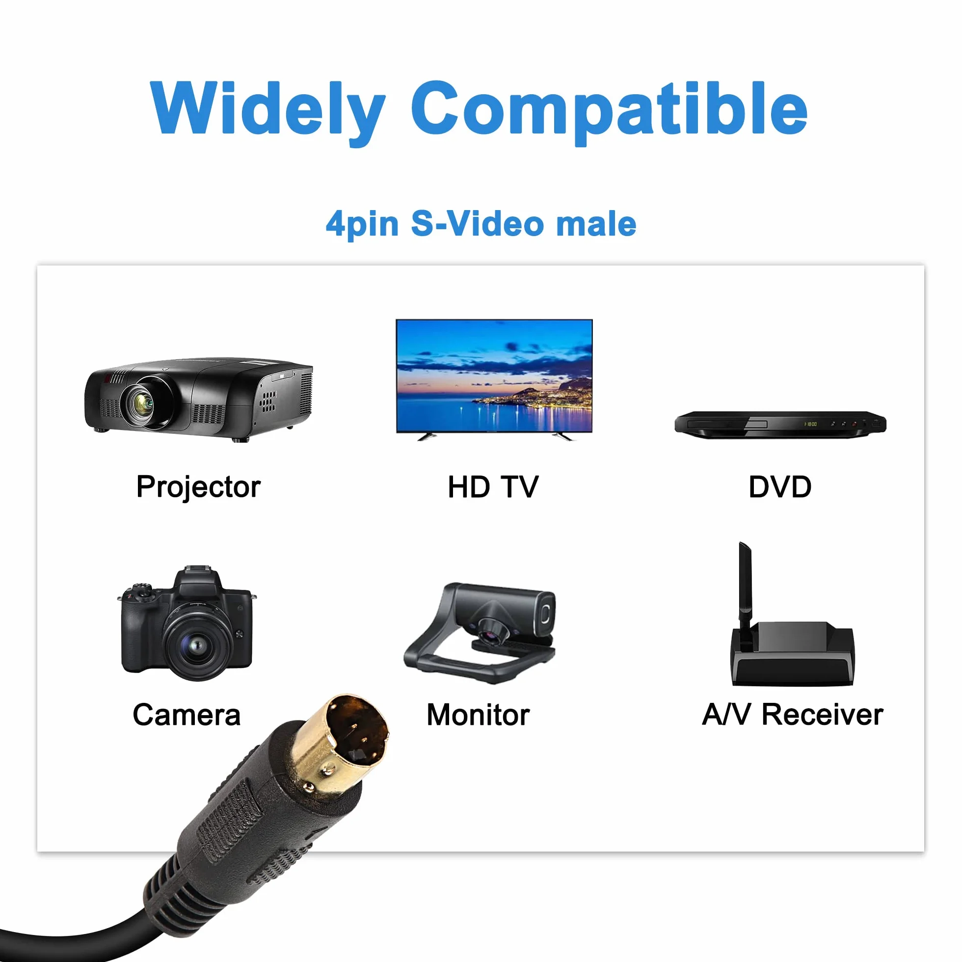 XMSJSIY Kabel S-Video, Mini-Din 4-pinowy SVideo (SVHS) męski na męski, pozłacany przedłużacz przedłużacz kabla do telewizora/HDTV/DVD/VCR/kamery (1 m)